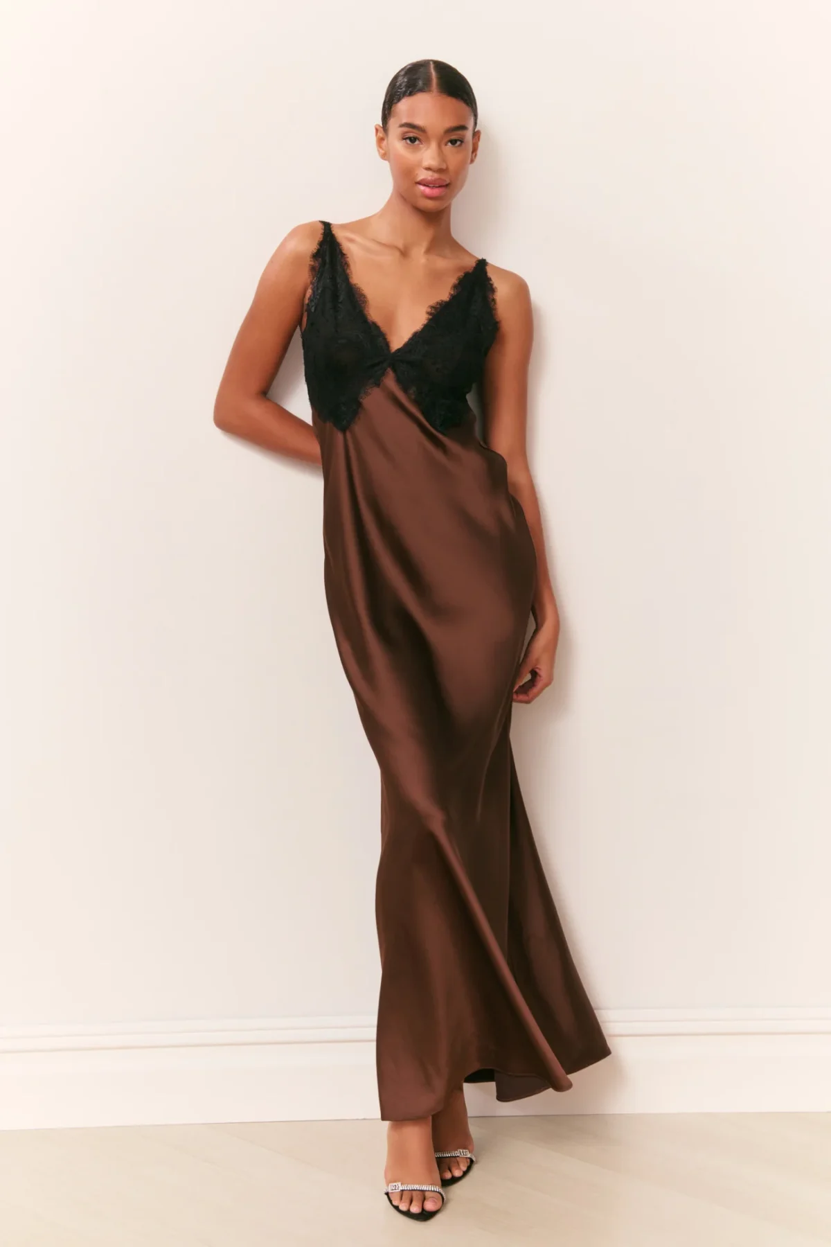 Iridia Satin Maxi Slip Dress in Chocolate Brown