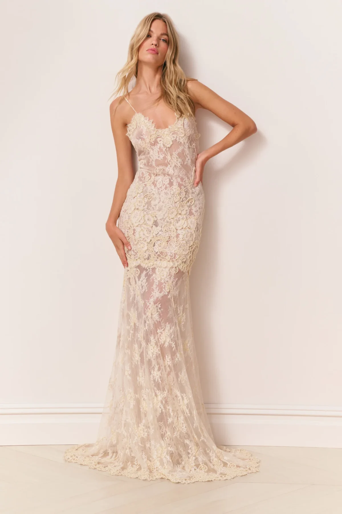 Noira Lace Pearl-Embellished Gown