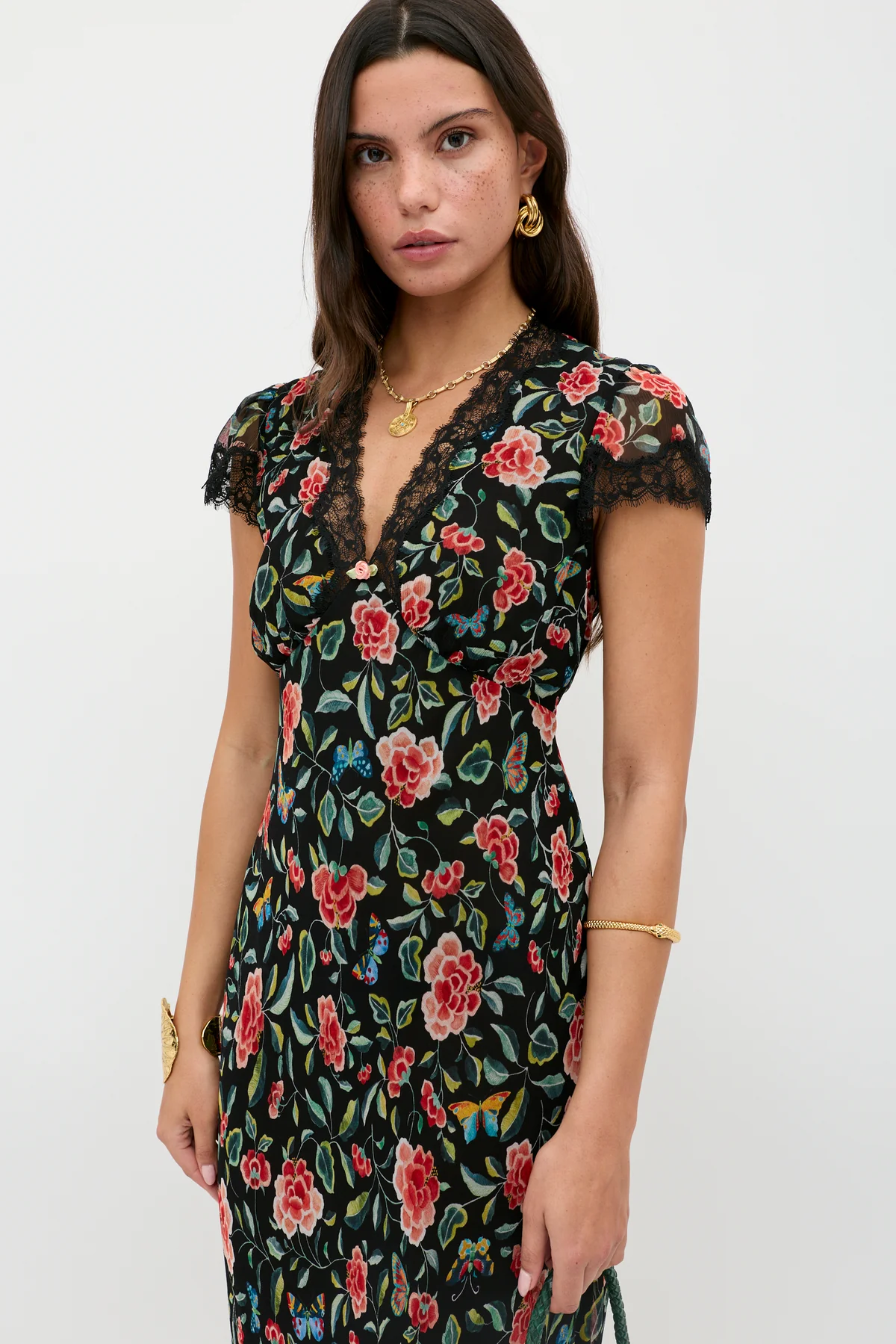 Clarice Chiffon Midi Dress in Butterfly Floral Black