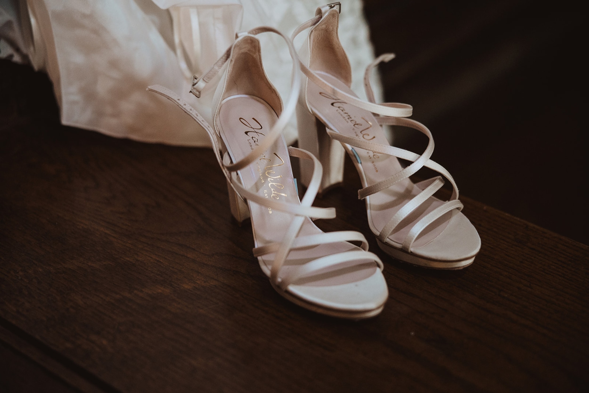 Bore Place Wedding Sassi Holford bride 12 - Hatty & Ben’s Nancy Meyers Inspired Black Tie Wedding at Bore Place, Kent Harriet Wilde block heel srappy sandal.