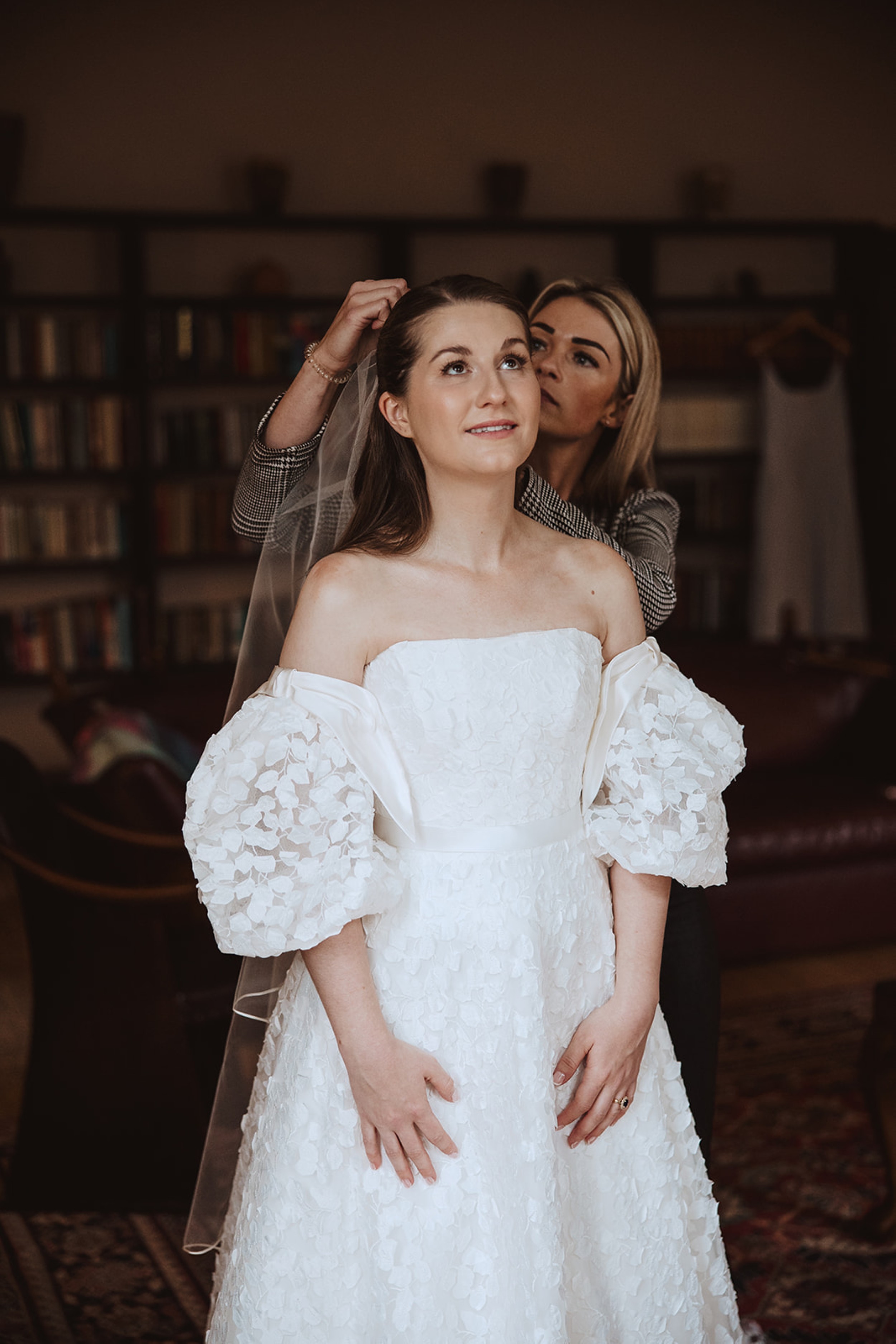 Bore Place Wedding Sassi Holford bride 23 - Hatty & Ben’s Nancy Meyers Inspired Black Tie Wedding at Bore Place, Kent Bride wearing 'Ophelia' by Sassi Holford, a wedding dress with removable puff sleeves.