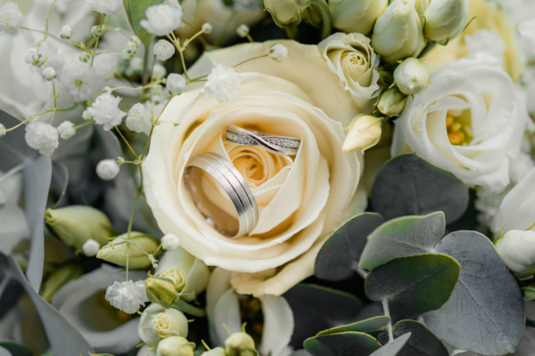 Wedding rings placed inside cream rose surrounded by florals - elegant detail shot by Calini Weddings.