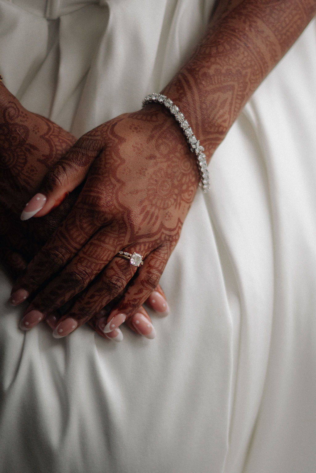 Close up shot of henna tattoo on a bride's hands and lower arms on her wedding day.