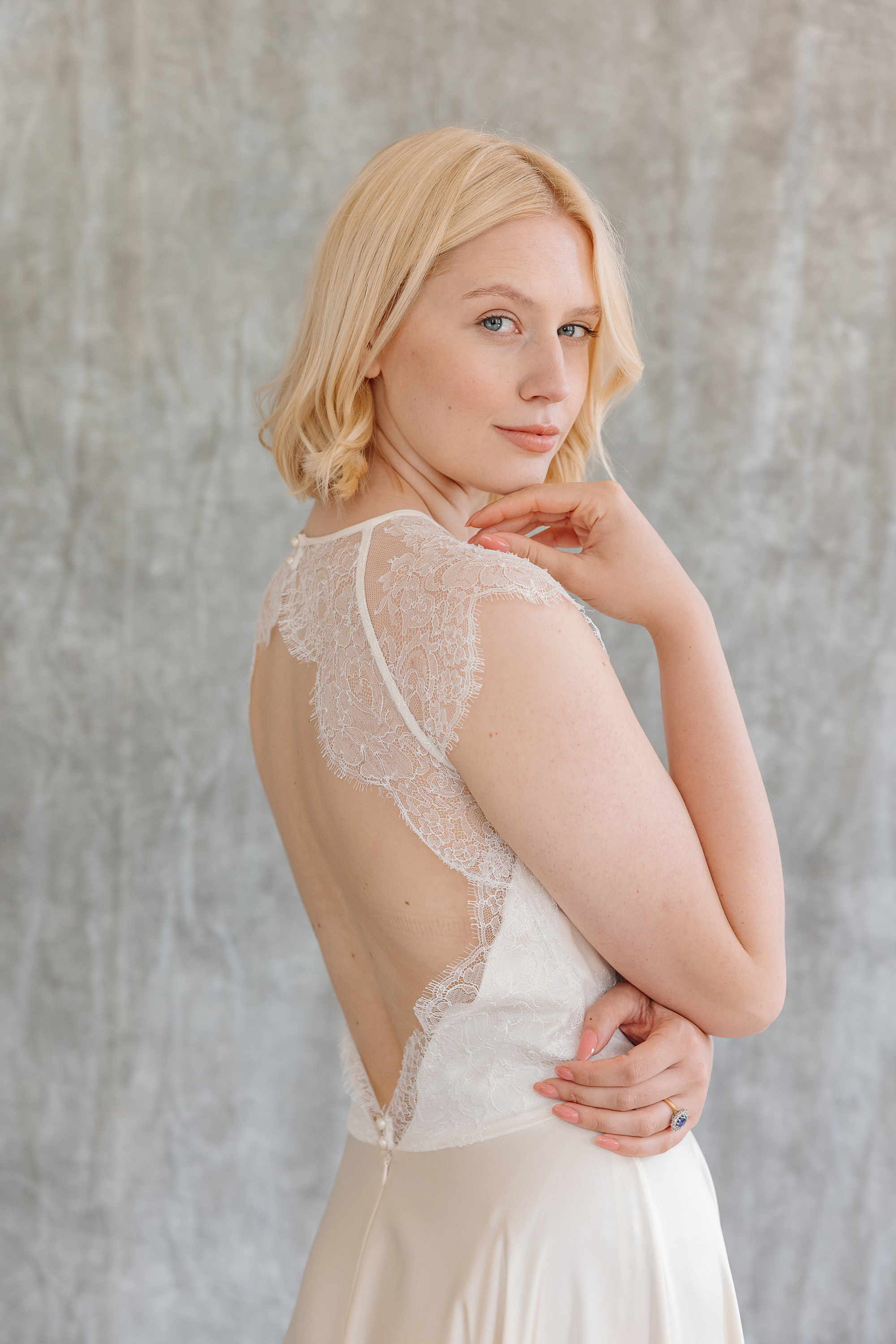 Clematis lace silk wedding gown KateBeaumont Icons 2 IndiaHobson HR 17 - Kate Beaumont: Lovingly Handmade Silk Wedding Dresses Elegant modern backless wedding dress by Kate Beaumont.