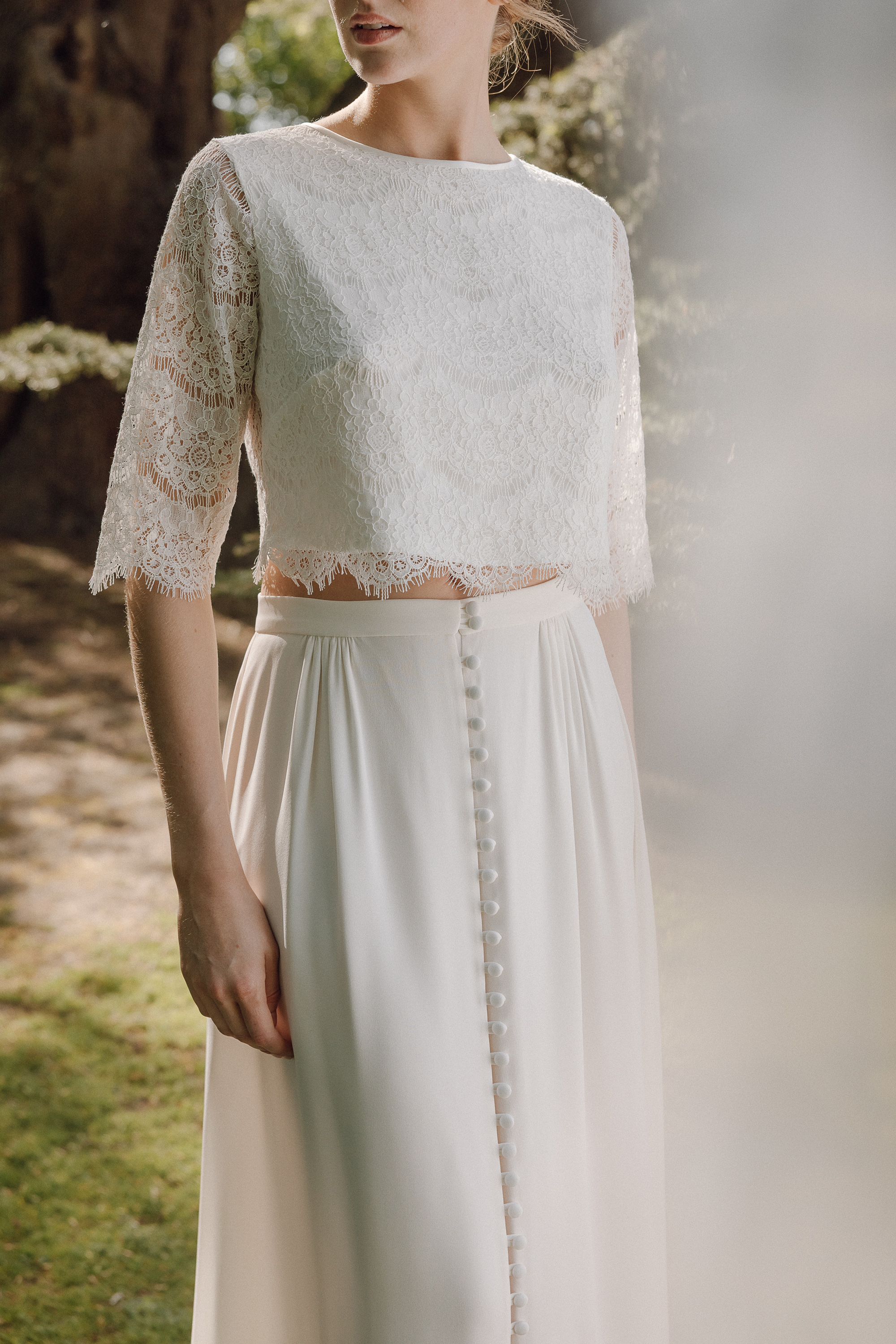 Corncockle silk skirt bridal separates KateBeaumont 2025 IndiaHobson HR 476 - Kate Beaumont: Lovingly Handmade Silk Wedding Dresses Elegant silk bridal separates by Kate Beaumont with lace top and buttoned silk skirt.