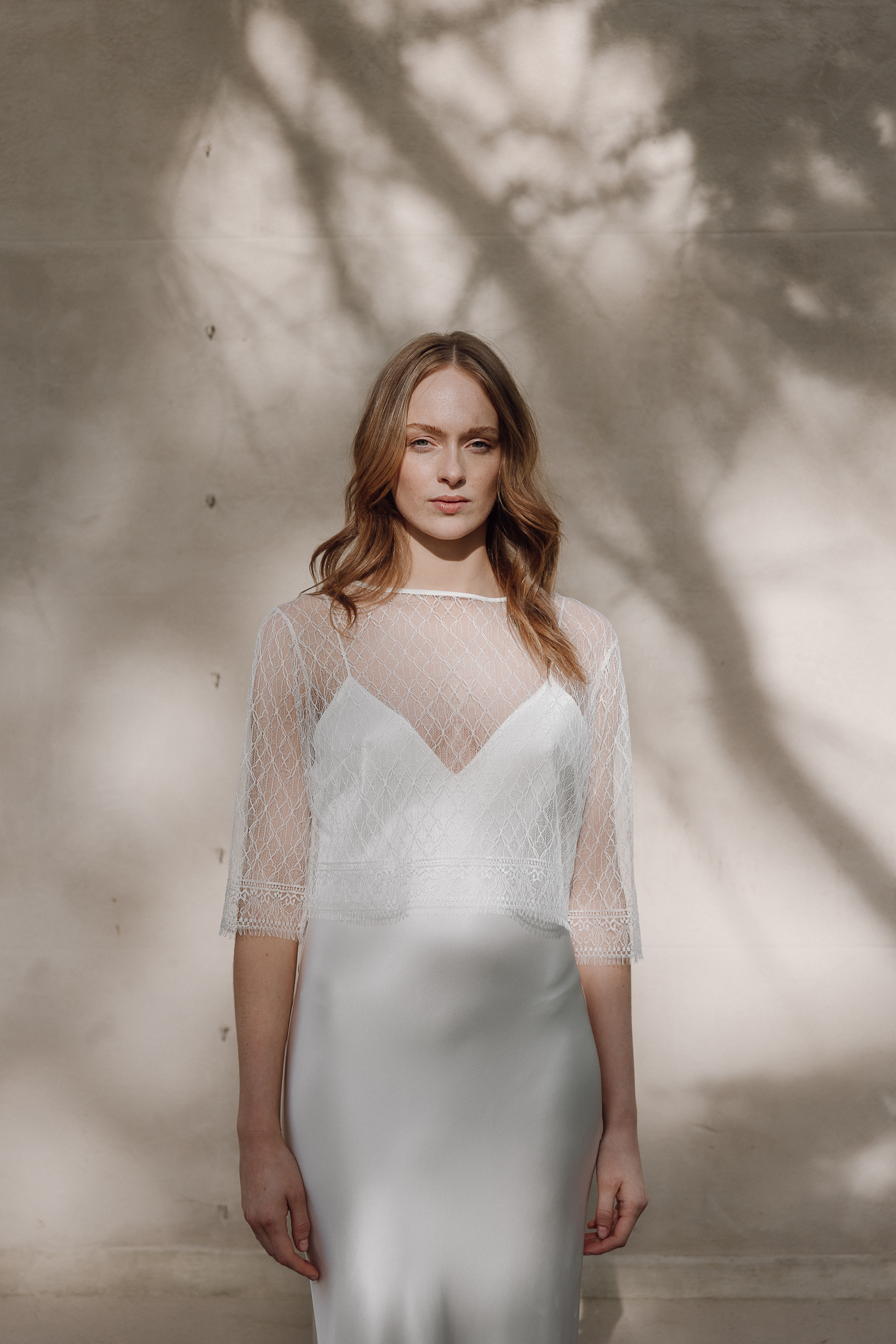 Daisy lace bridal top KateBeaumont 2025 IndiaHobson HR 592 2 - Kate Beaumont: Lovingly Handmade Silk Wedding Dresses Mesh lace top and silk slip dress by Kate Beaumont.