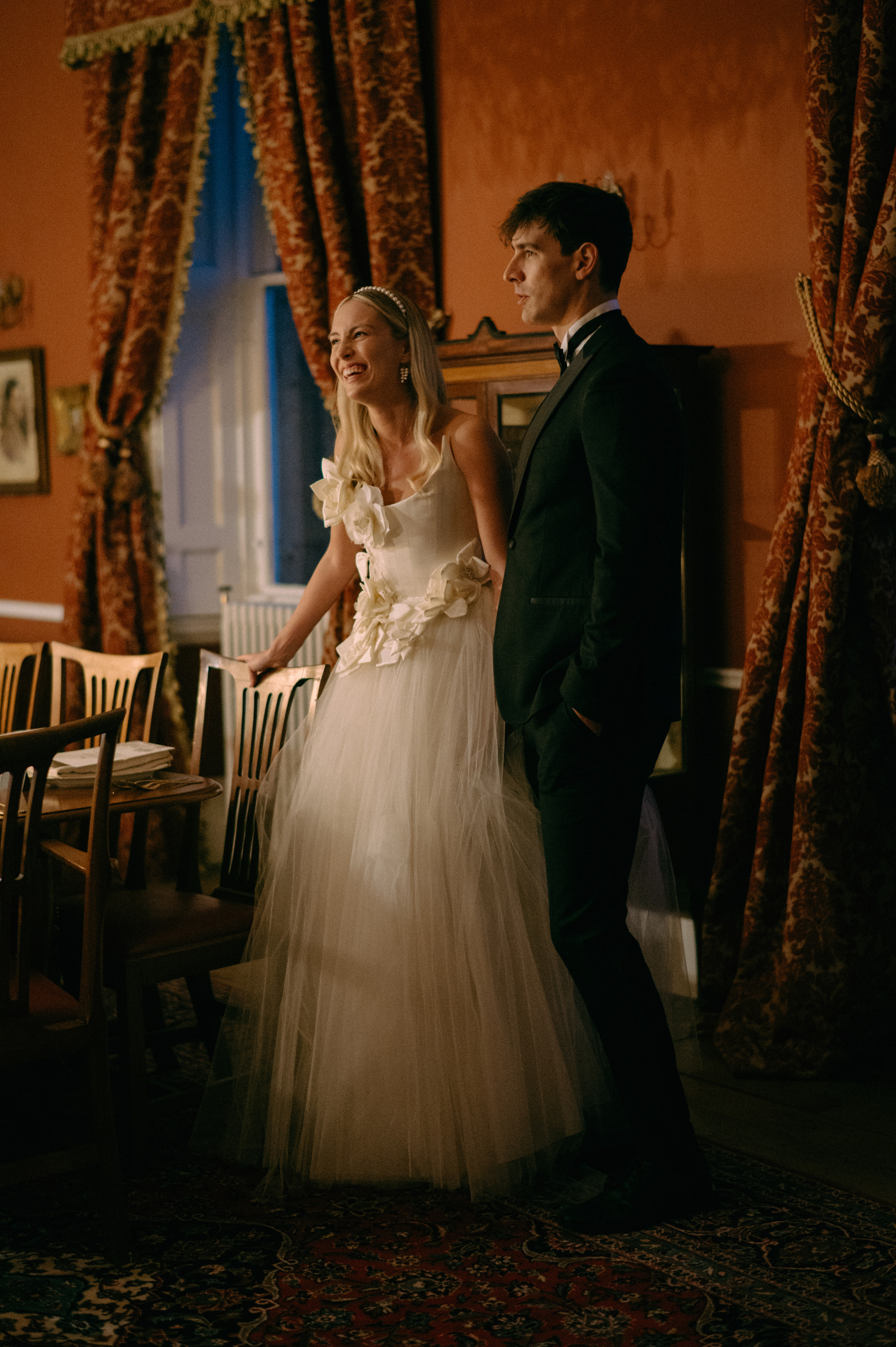 Earnshill House Wedding Editorial Fern Godfrey Weddings 61 - Modern Bridal Elegance at Earnshill House, A Romantic Somerset Wedding Venue Elegant bride and groom in black tie at Earnshill House, a Somerset wedding venue. Bride wears JULITA.