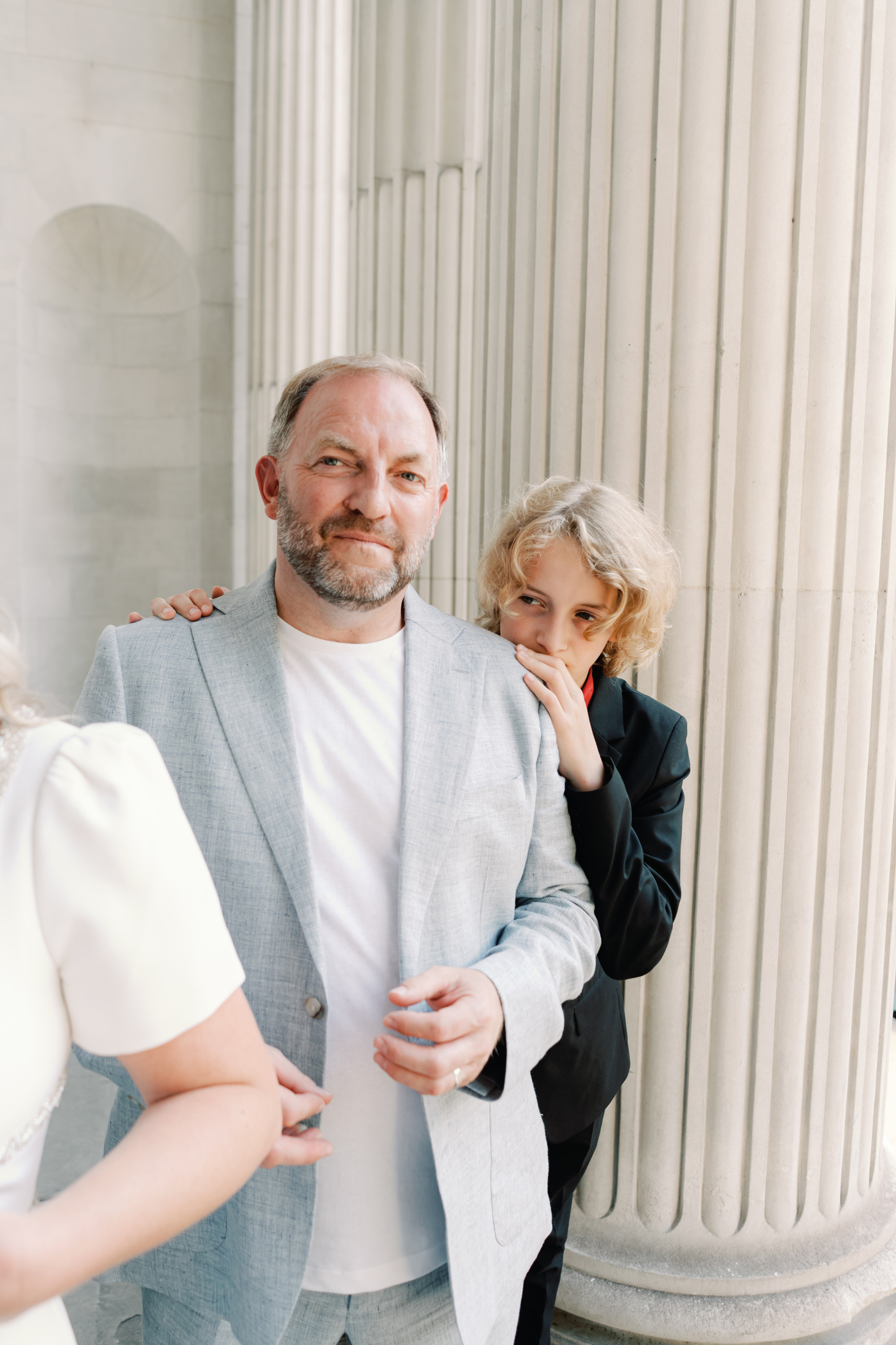 Emmylou Kelly Registry Office Wedding Jessica Lily Photography 123 - Photographer Emmylou Kelly & Paul's Intimate Family Registry Office Wedding Groom in a pale blue suit and white tshirt.