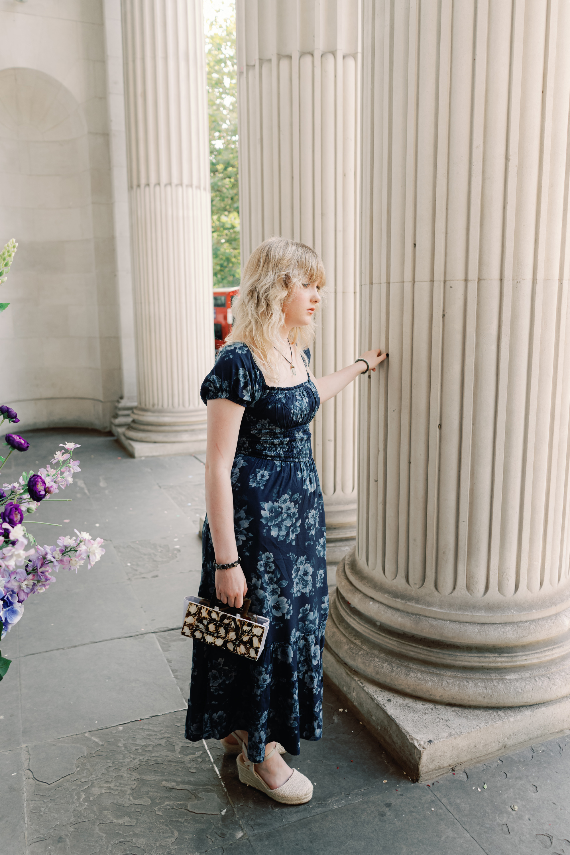 Emmylou Kelly Registry Office Wedding Jessica Lily Photography 124 - Photographer Emmylou Kelly & Paul's Intimate Family Registry Office Wedding Young adult wedding guest in a blue floral dress and espadrilles.