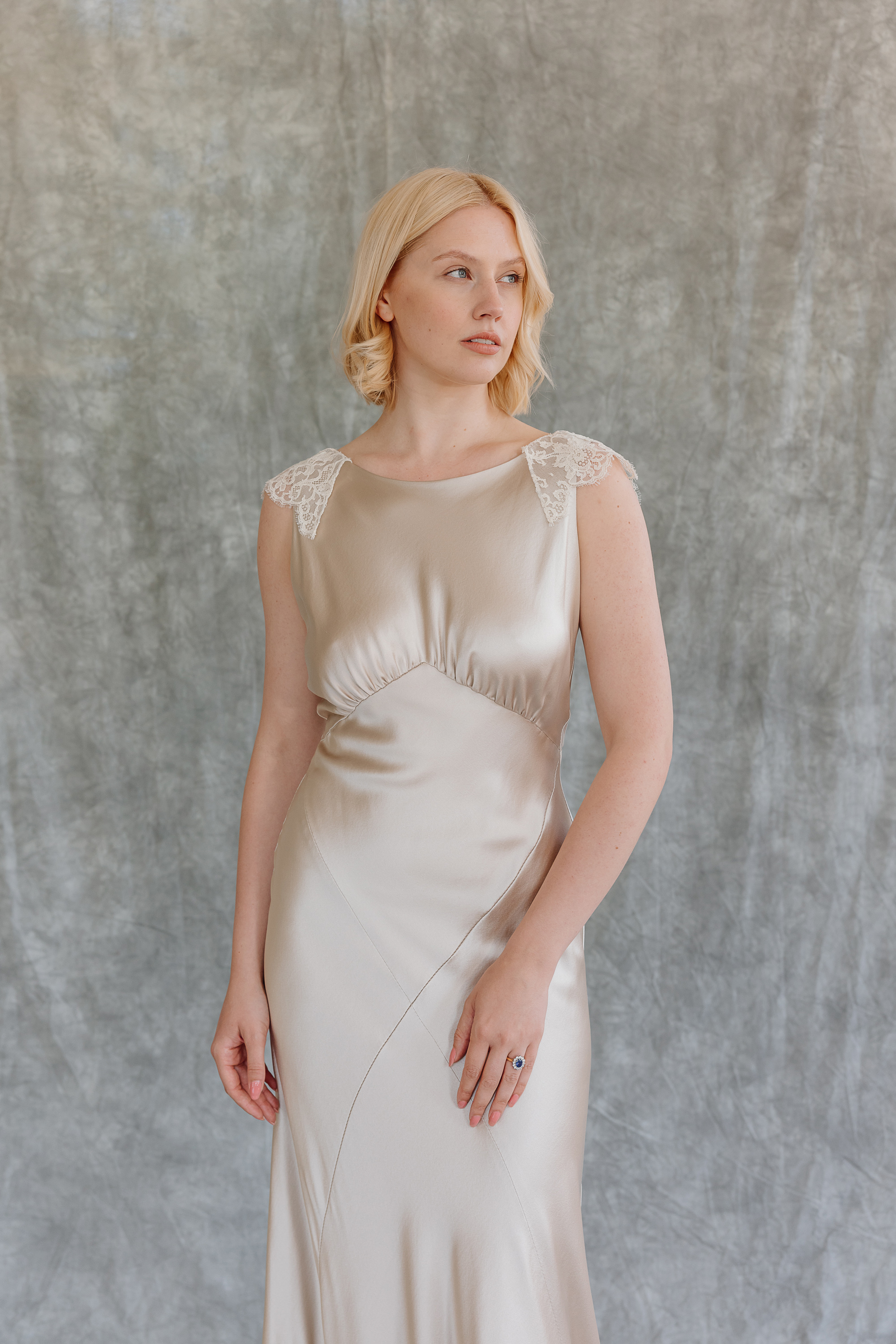 Honeysuckle bias cut silk wedding gown KateBeaumont Icons 2 IndiaHobson HR 41 - Kate Beaumont: Lovingly Handmade Silk Wedding Dresses 1930s vintage inspired champagne coloured wedding dress by Kate Beaunont.