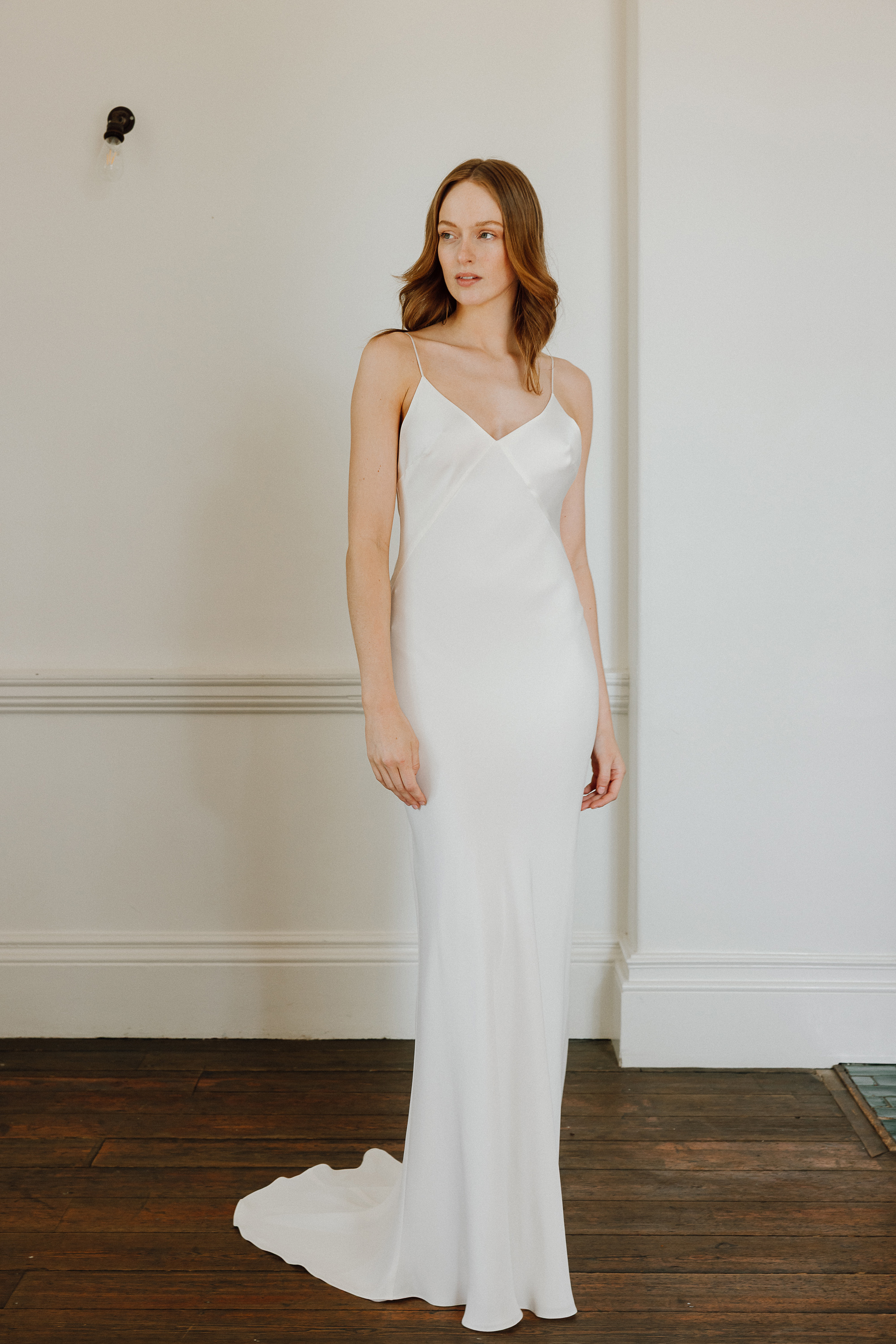 Ixia silk wedding gown by KateBeaumont 2025 IndiaHobson HR 141 1 - Kate Beaumont: Lovingly Handmade Silk Wedding Dresses Minimalist strappy silk bias cut wedding dress by Kate Beaumont.