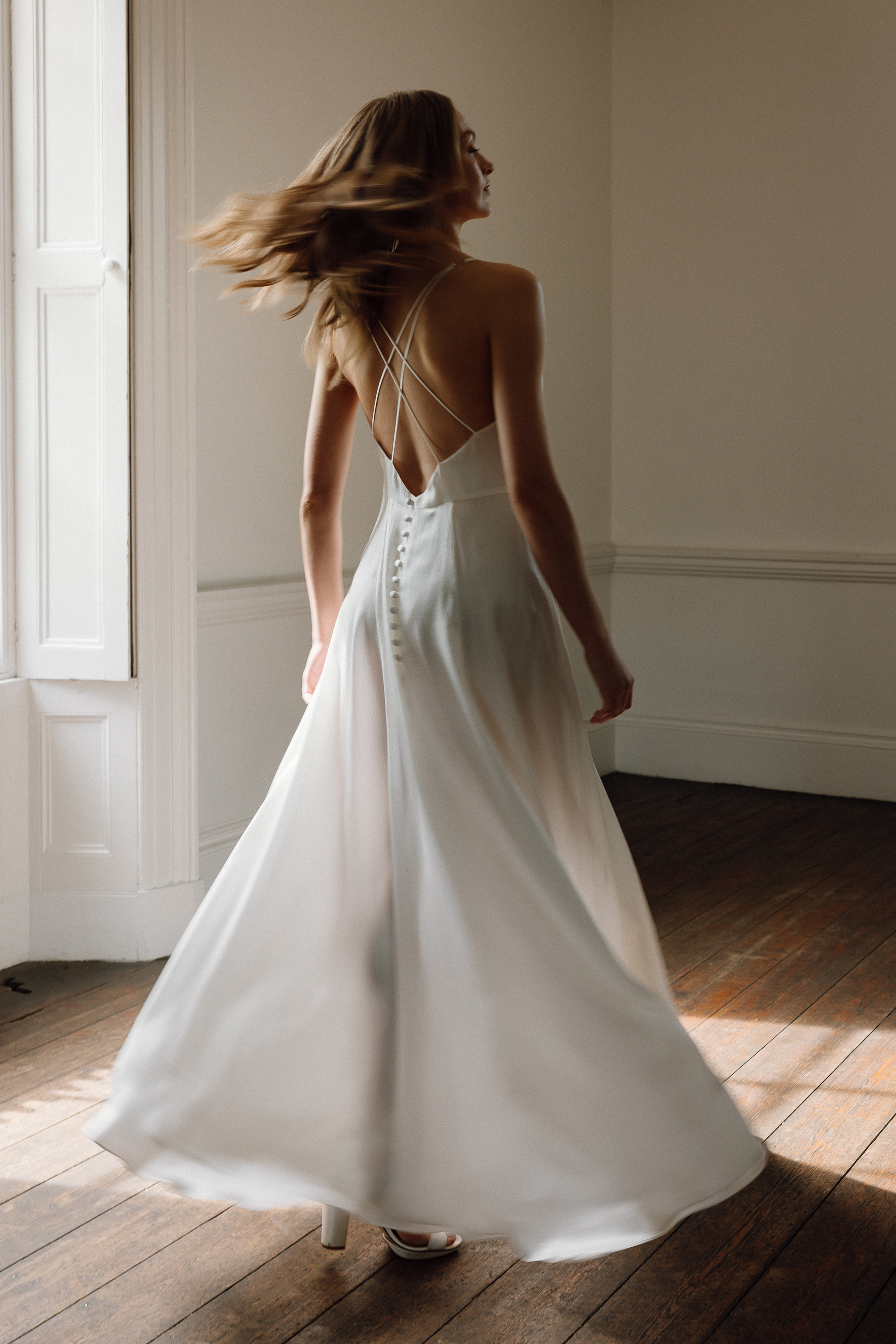 Muscari silk wedding gown by KateBeaumont 2025 IndiaHobson HR 151 - Kate Beaumont: Lovingly Handmade Silk Wedding Dresses Minimalist silk strappy wedding dress by Kate Beaumont.