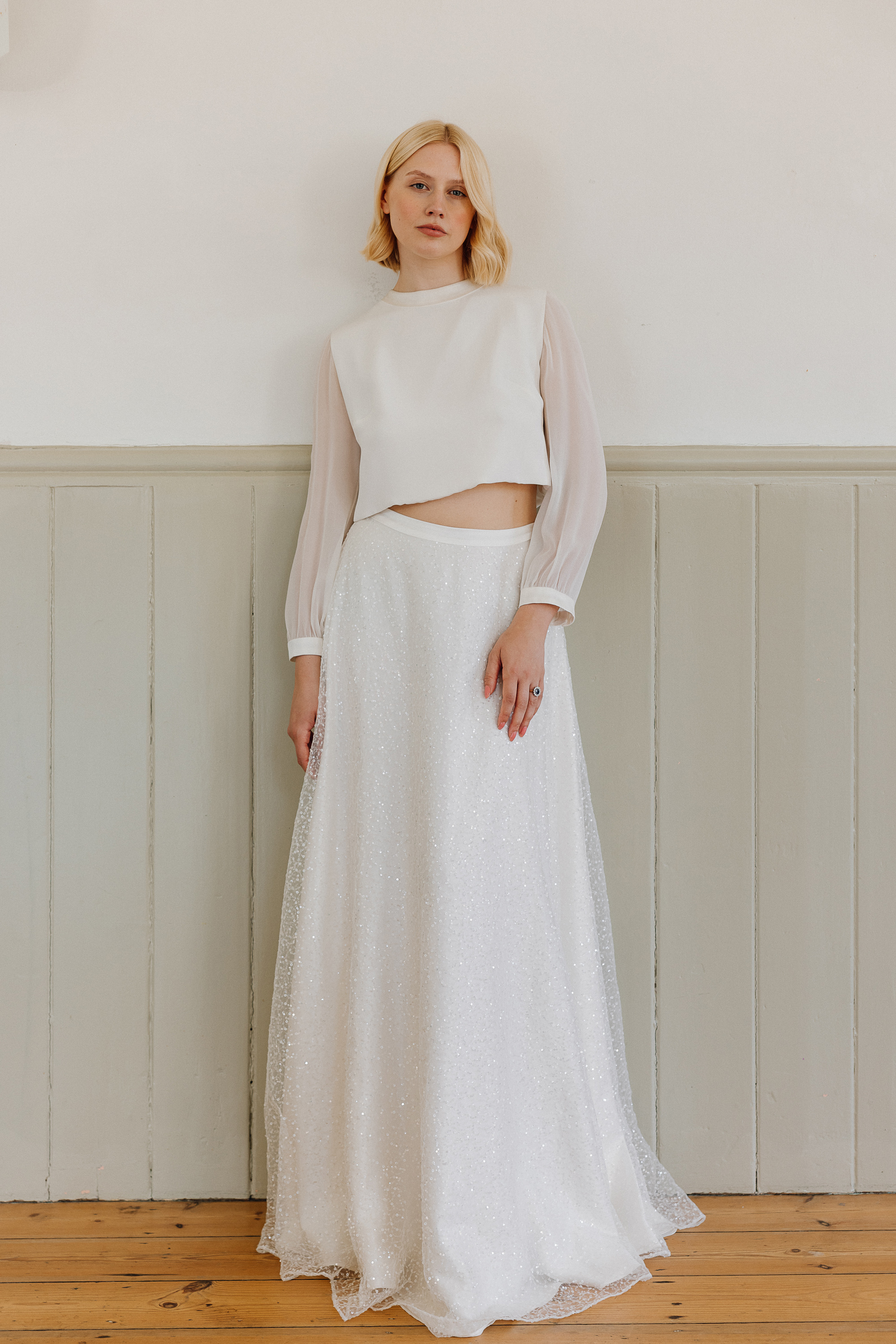 Phlox silk top sequin skirt bridal separates KateBeaumont Icons 2 IndiaHobson HR 466 - Kate Beaumont: Lovingly Handmade Silk Wedding Dresses Silk bridal separates by Kate Beaumont. Top with sheer long sleeves and full length silk and tulle skirt.