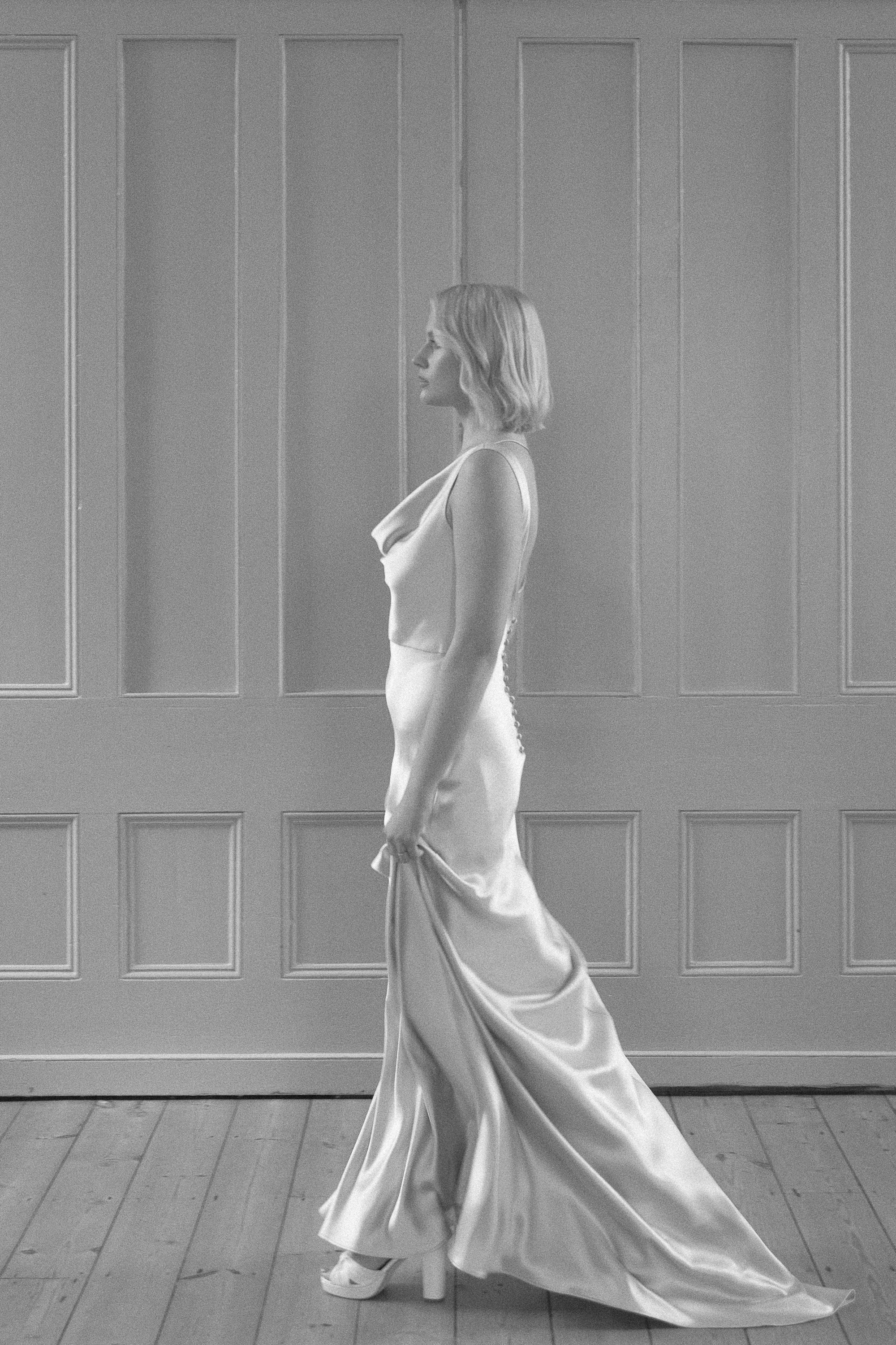 Sweet Violet silk wedding gown KateBeaumont Icons 1 IndiaHobson HR 99 - Kate Beaumont: Lovingly Handmade Silk Wedding Dresses Cowl neck silk wedding dress by Kate Beaumont.