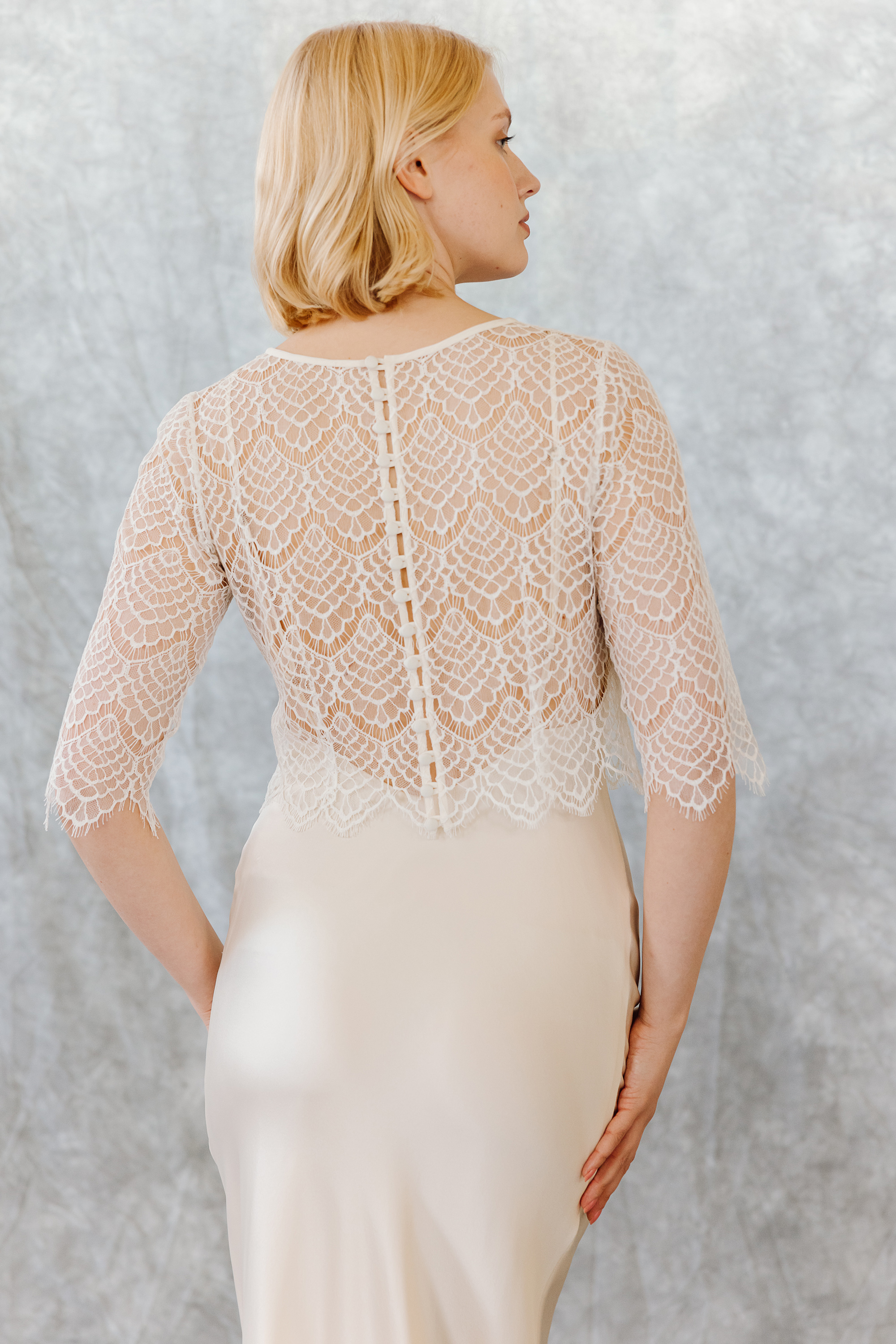 SweetPea lace bridal top Camellia silk slip wedding dress KateBeaumont Icons 1 IndiaHobson HR 475 - Kate Beaumont: Lovingly Handmade Silk Wedding Dresses Modern silk and lace wedding dress by Kate Beaumont.