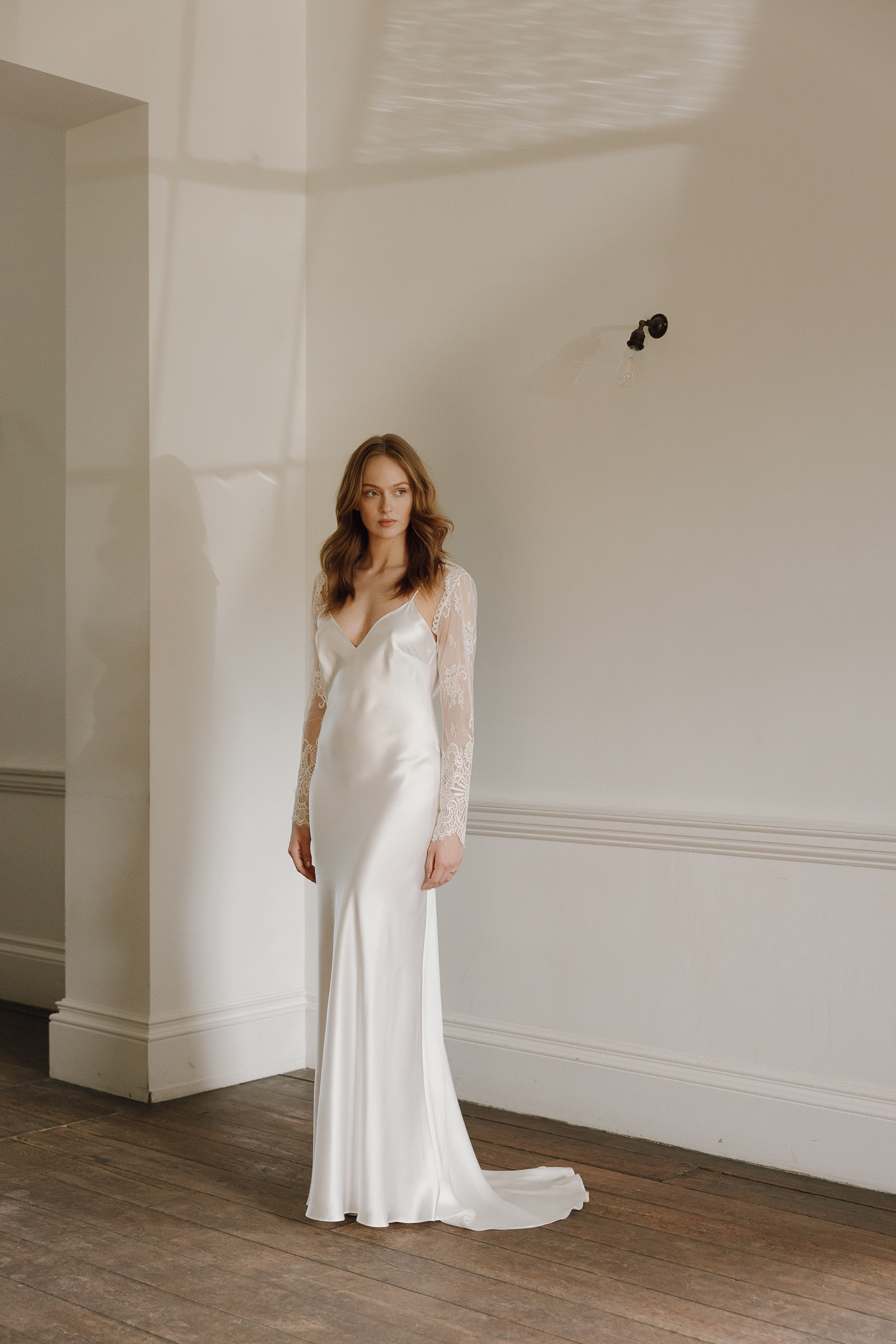 Thistle silk slip wedding dress KateBeaumont 2025 IndiaHobson HR 563 - Kate Beaumont: Lovingly Handmade Silk Wedding Dresses Bias cut silk dress and mesh lace top by Kate Beaumont.