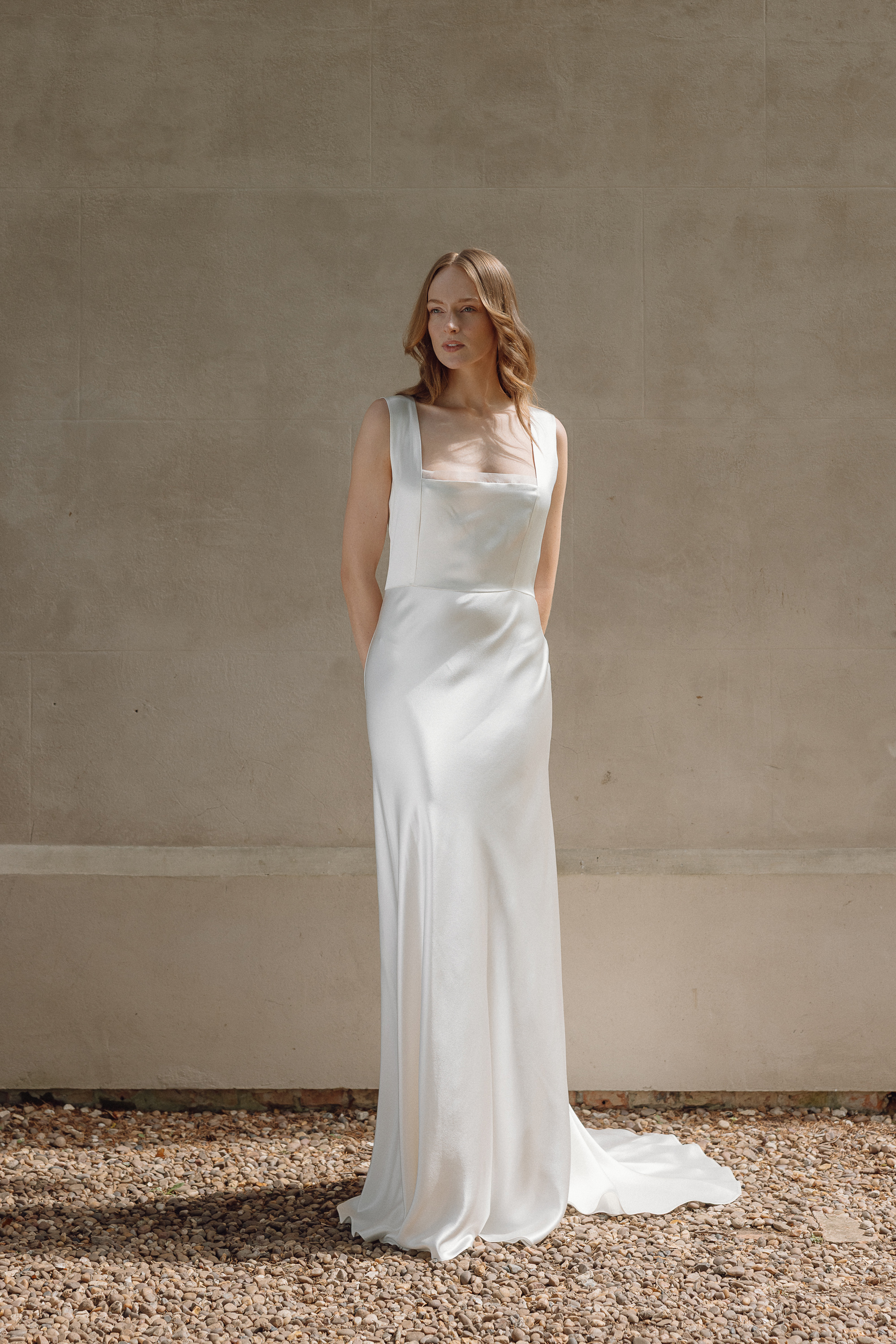 Tulip biascut silk wedding gown KateBeaumont 2025 IndiaHobson HR 192 1 - Kate Beaumont: Lovingly Handmade Silk Wedding Dresses Minimalist modern silk wedding dress by Kate Beaumont.