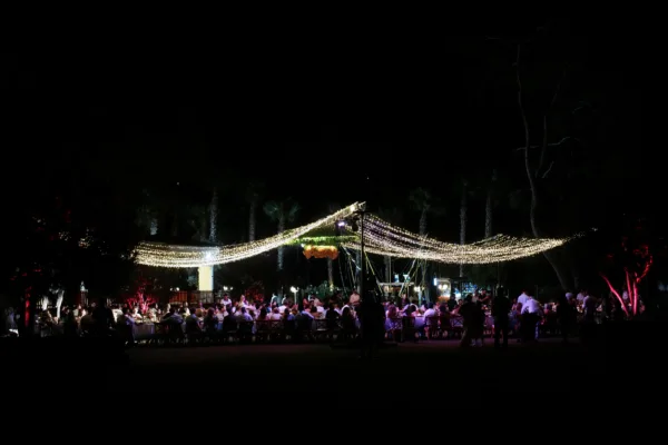 Destination wedding dinner at night with fairy light canopy red uplighting and palm trees in Antalya Turkey by Ramarossi