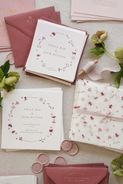 Blush pink floral wedding invitation suite with gold foil text, matching envelopes, wax seals, and silk ribbon styled on a soft neutral background.