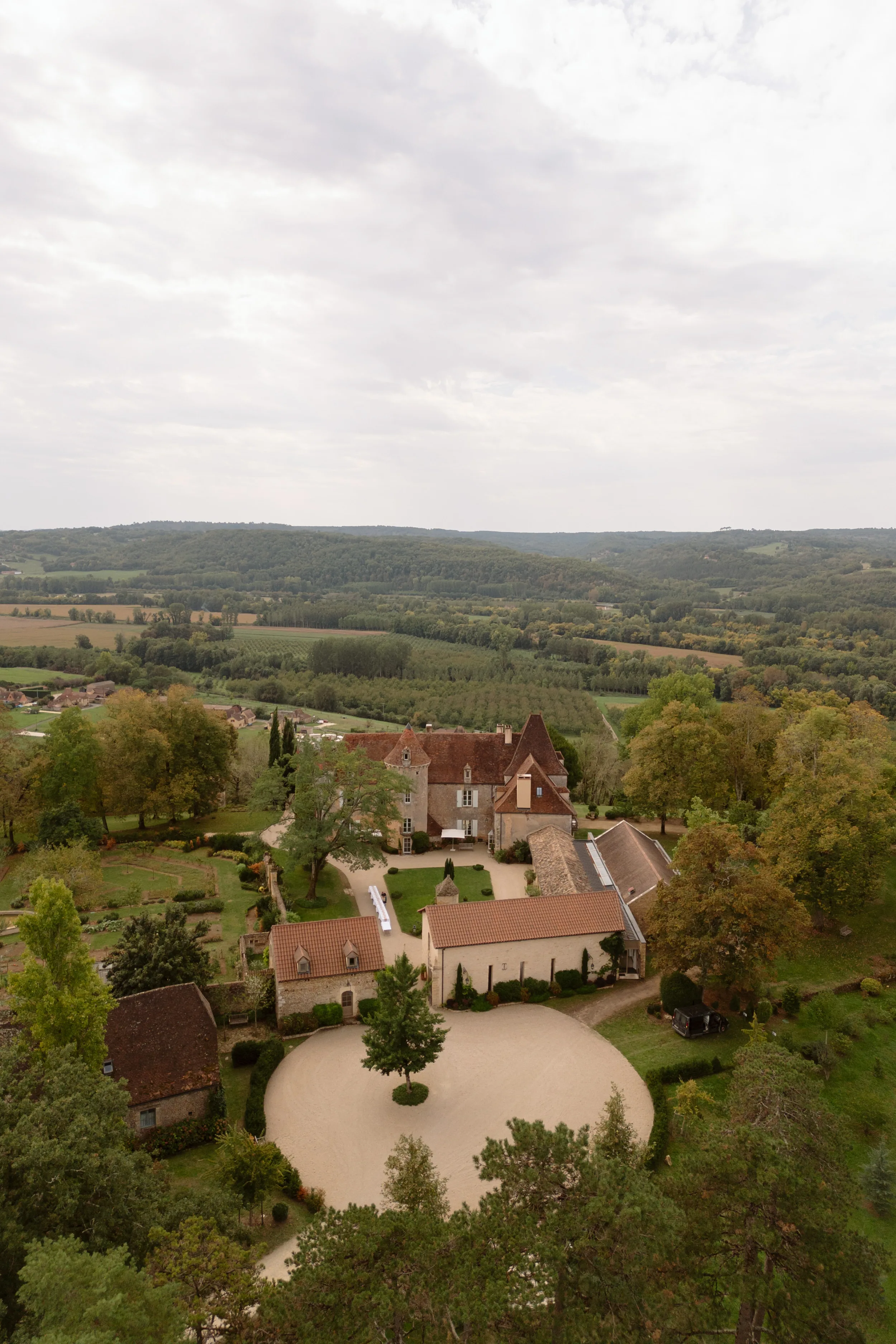 Indie Bride London Chateau Cazenac wedding France 8 1 - Laura & Ben's Romantic & Intimate Wedding Day Gathering at Chateau Cazenac in The Dordogne Birdseye Drone shot of Chateau Cazenac, a wedding venue in the Dordogne in France.