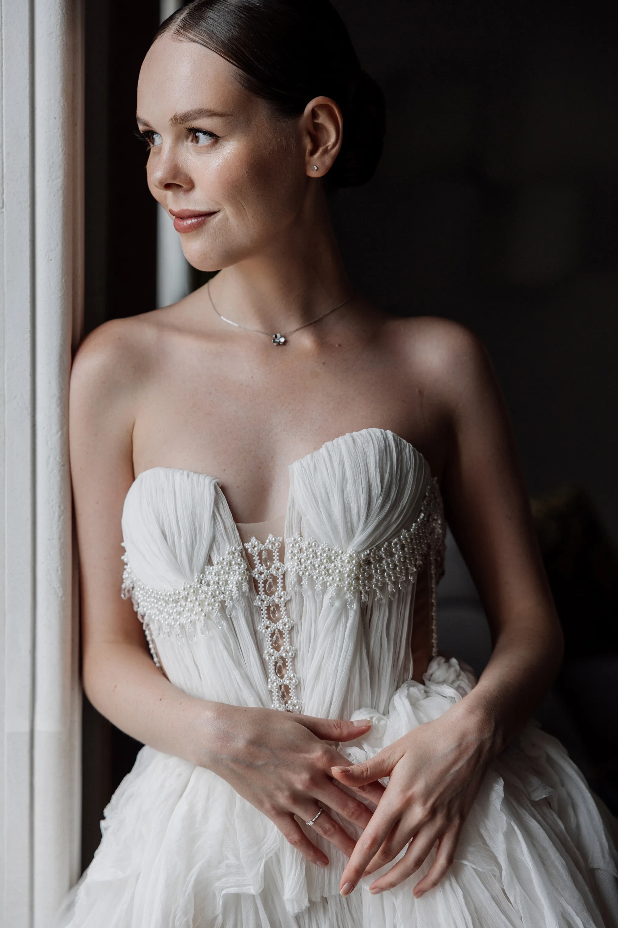 Montenegro Wedding 25 - A Romantic & Intimate Montenegro Wedding at Villa Shah, Inspired by 'La Vita Nobile' Bride wearing a Rara Couture bridal gown with a corset created from compressed silk.