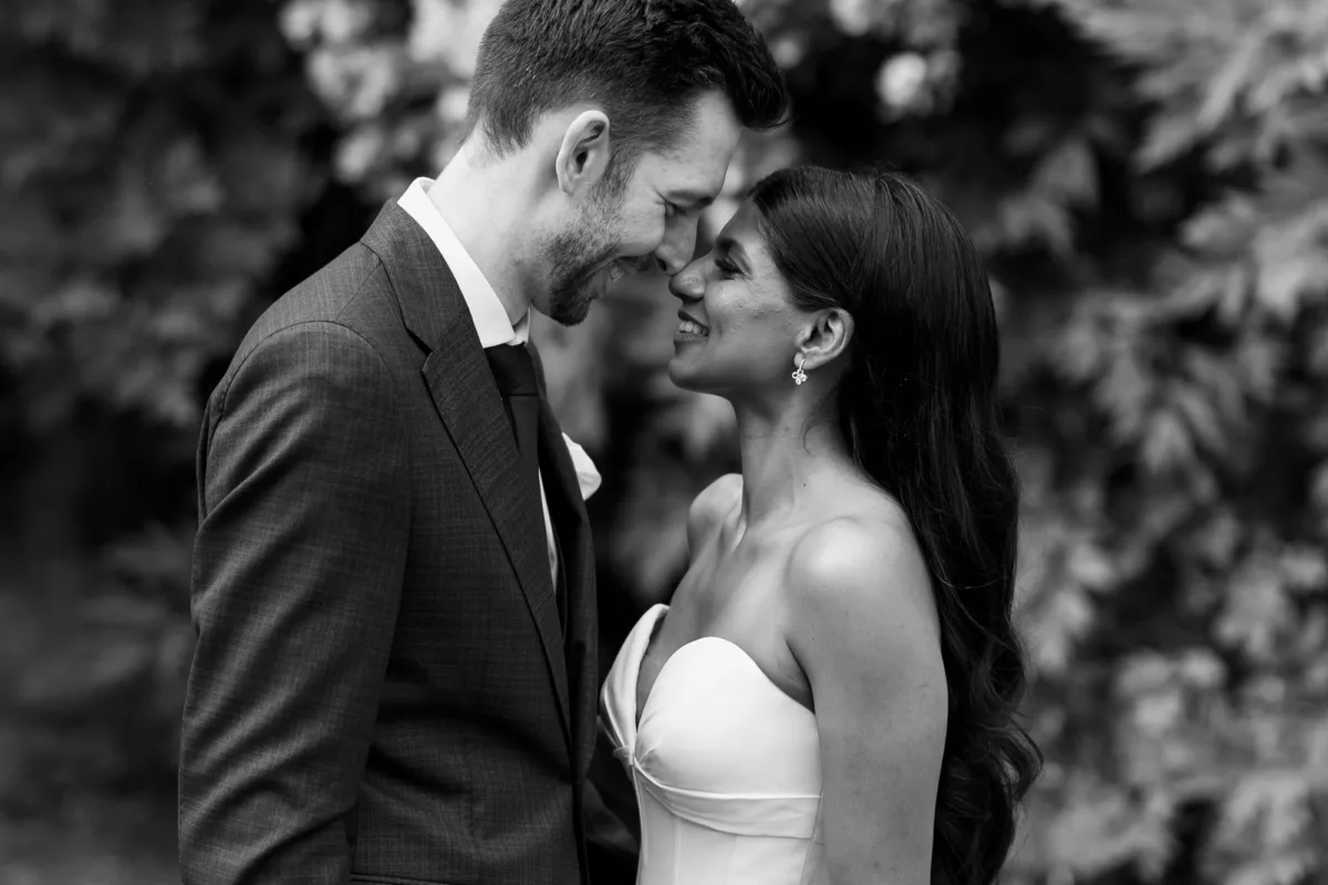 Newburgh Priory wedding couples portrait - Hema & Will's Fusion Wedding & Hindu Ceremony at Newburgh Priory Romantic black and white portrait of a bride and groom touching noses.