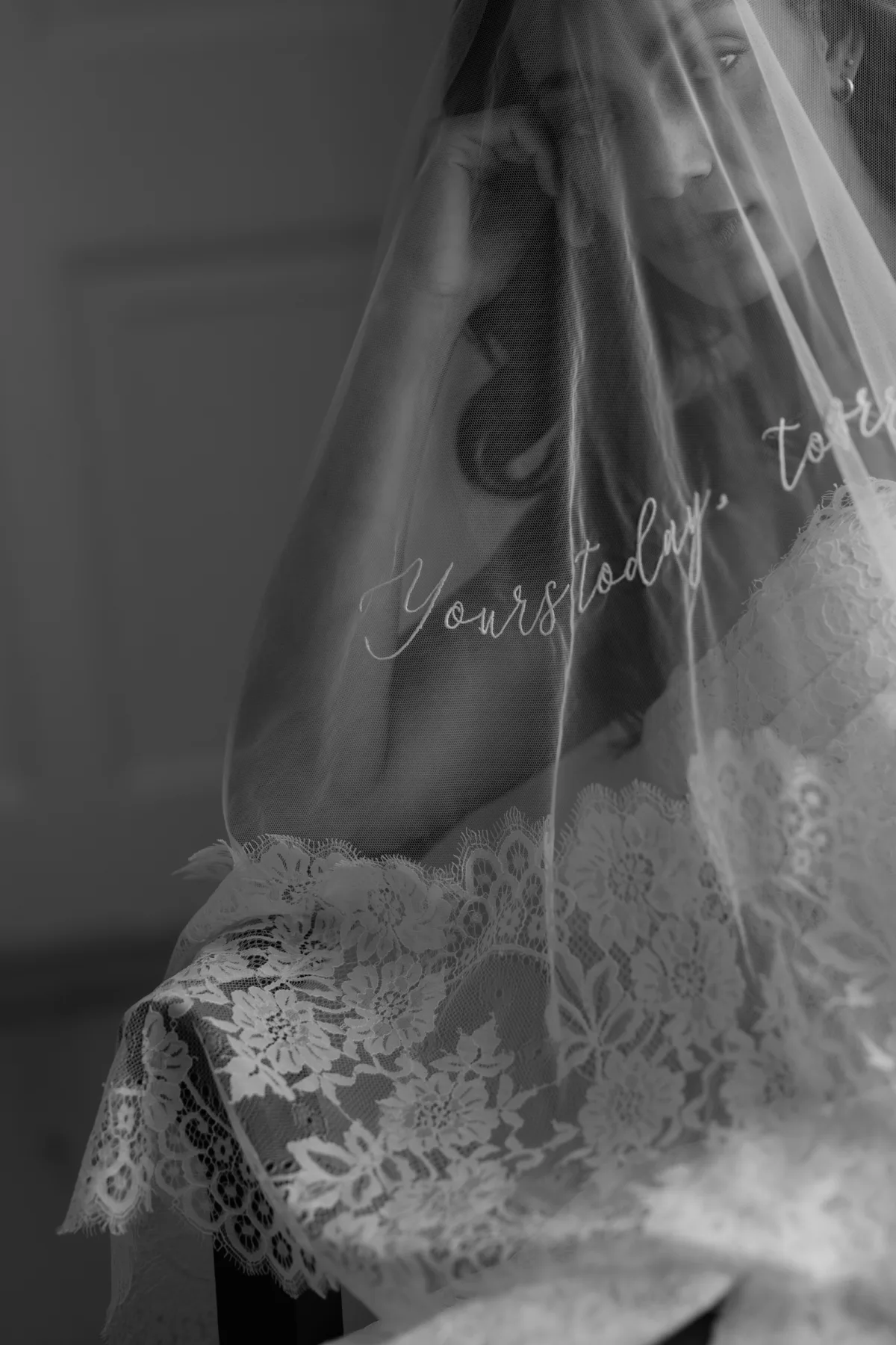 Rebecca Anne Designs embroidered wedding veils 30 - Introducing the New Embroidered Wedding Veil & Bridal Accessories Collection by Rebecca Anne Designs Bride with her elbow on her shoulder, peeking through an embroidered wedding veil by Rebecca Anne Designs.