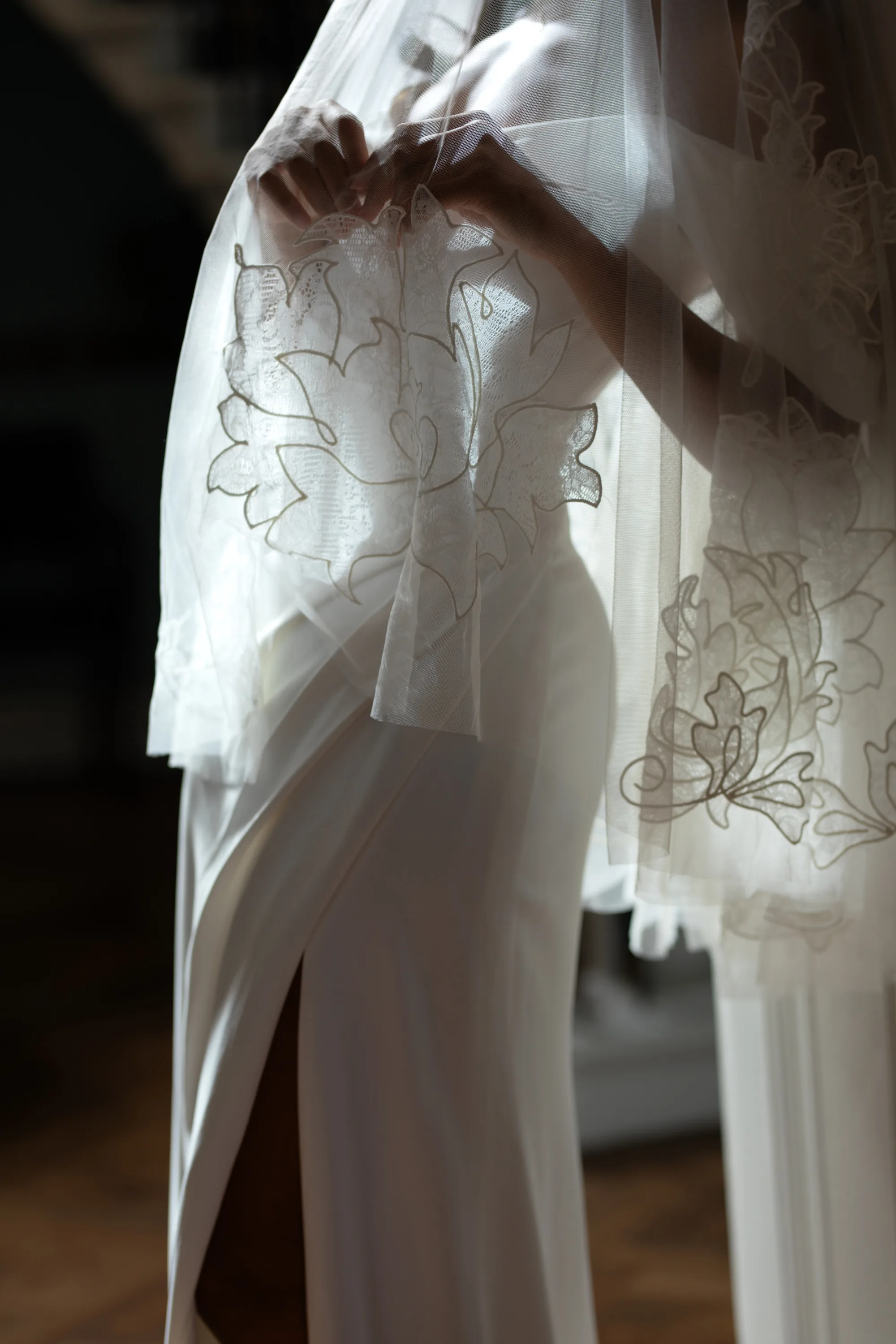 Rebecca Anne Designs embroidered wedding veils 47 - Introducing the New Embroidered Wedding Veil & Bridal Accessories Collection by Rebecca Anne Designs Black and white portrait of a bride wearing a veil embroidered with leaves by Rebecca Anne Designs.
