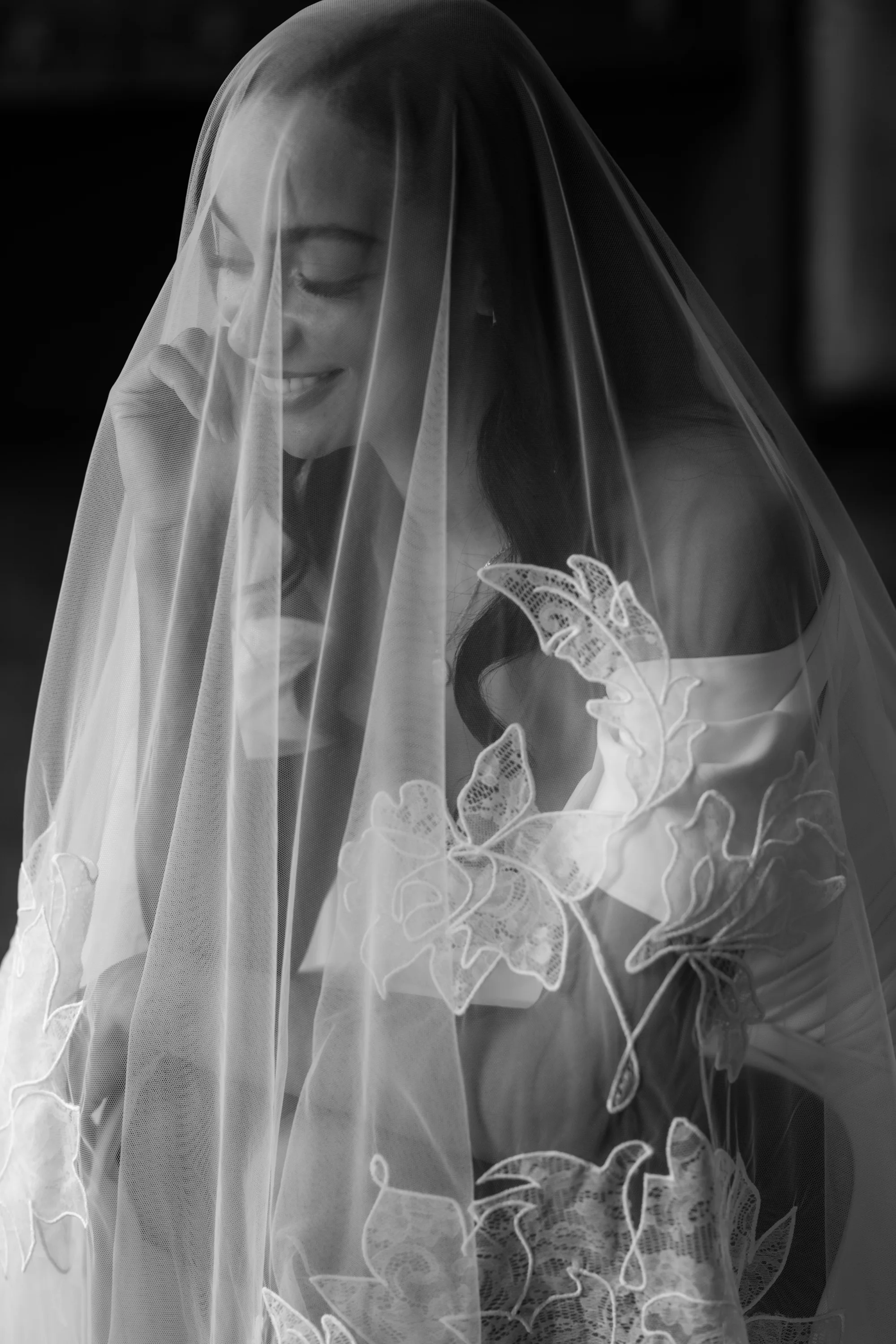 Rebecca Anne Designs embroidered wedding veils 56 - Introducing the New Embroidered Wedding Veil & Bridal Accessories Collection by Rebecca Anne Designs Black and white portrait of a bride wearing a veil embroidered with leaves by Rebecca Anne Designs.