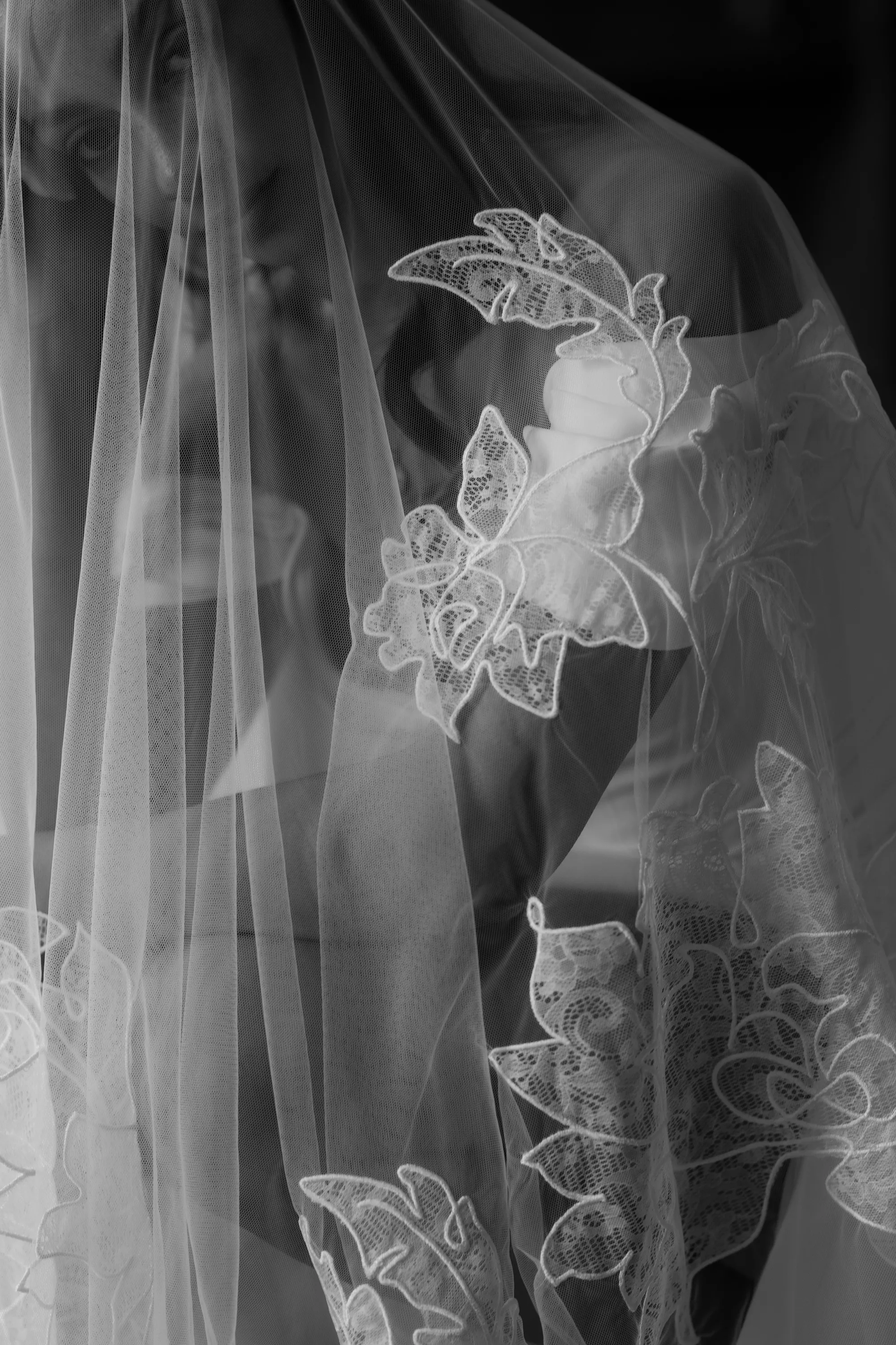 Rebecca Anne Designs embroidered wedding veils 57 - Introducing the New Embroidered Wedding Veil & Bridal Accessories Collection by Rebecca Anne Designs Black and white portrait of a bride wearing a veil embroidered with leaves by Rebecca Anne Designs.