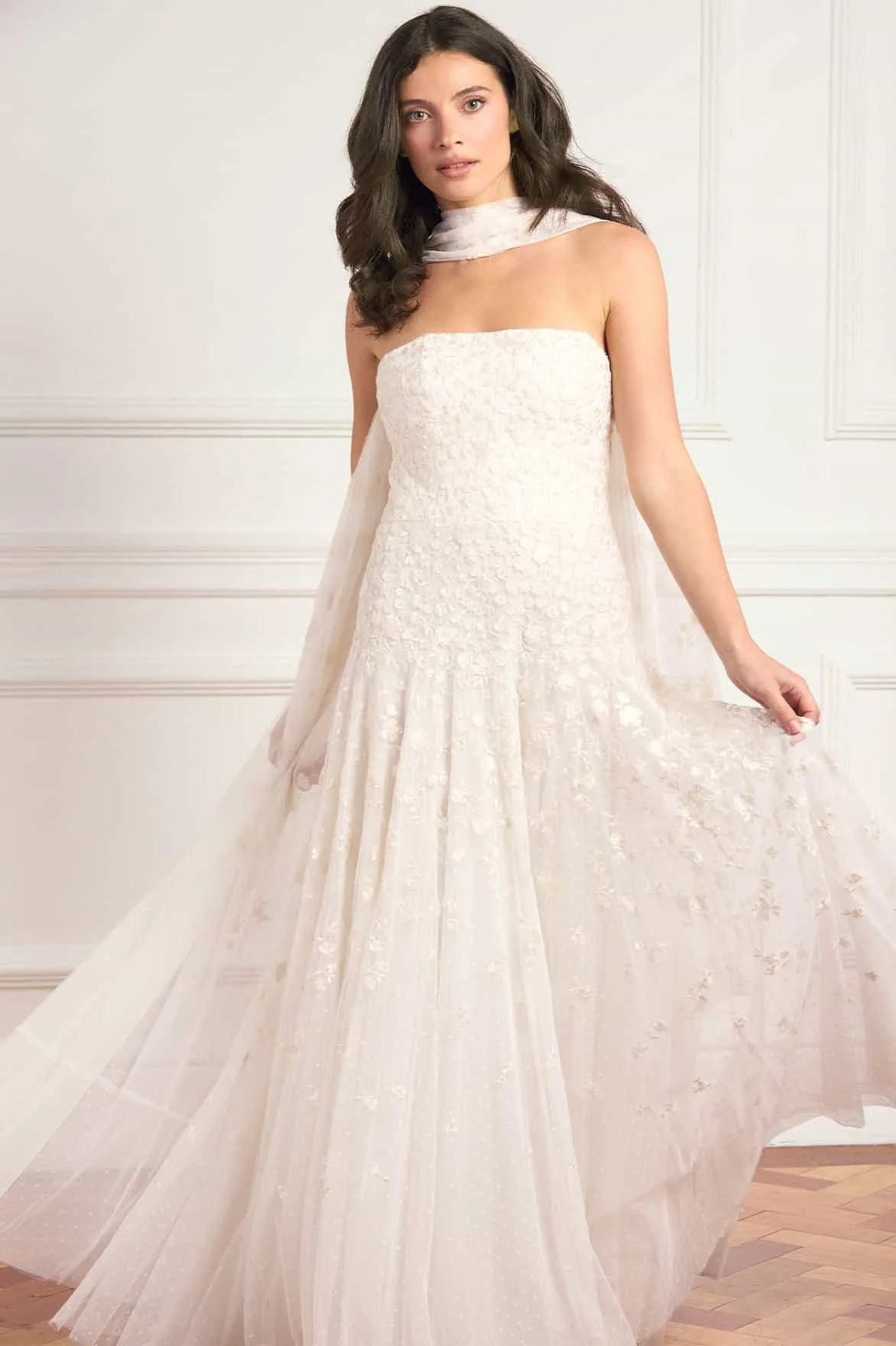 Needle Thread Lea Ditsy Strapless Cape Gown - Shop by Brand Needle Thread Lea Ditsy Strapless Cape Gown
