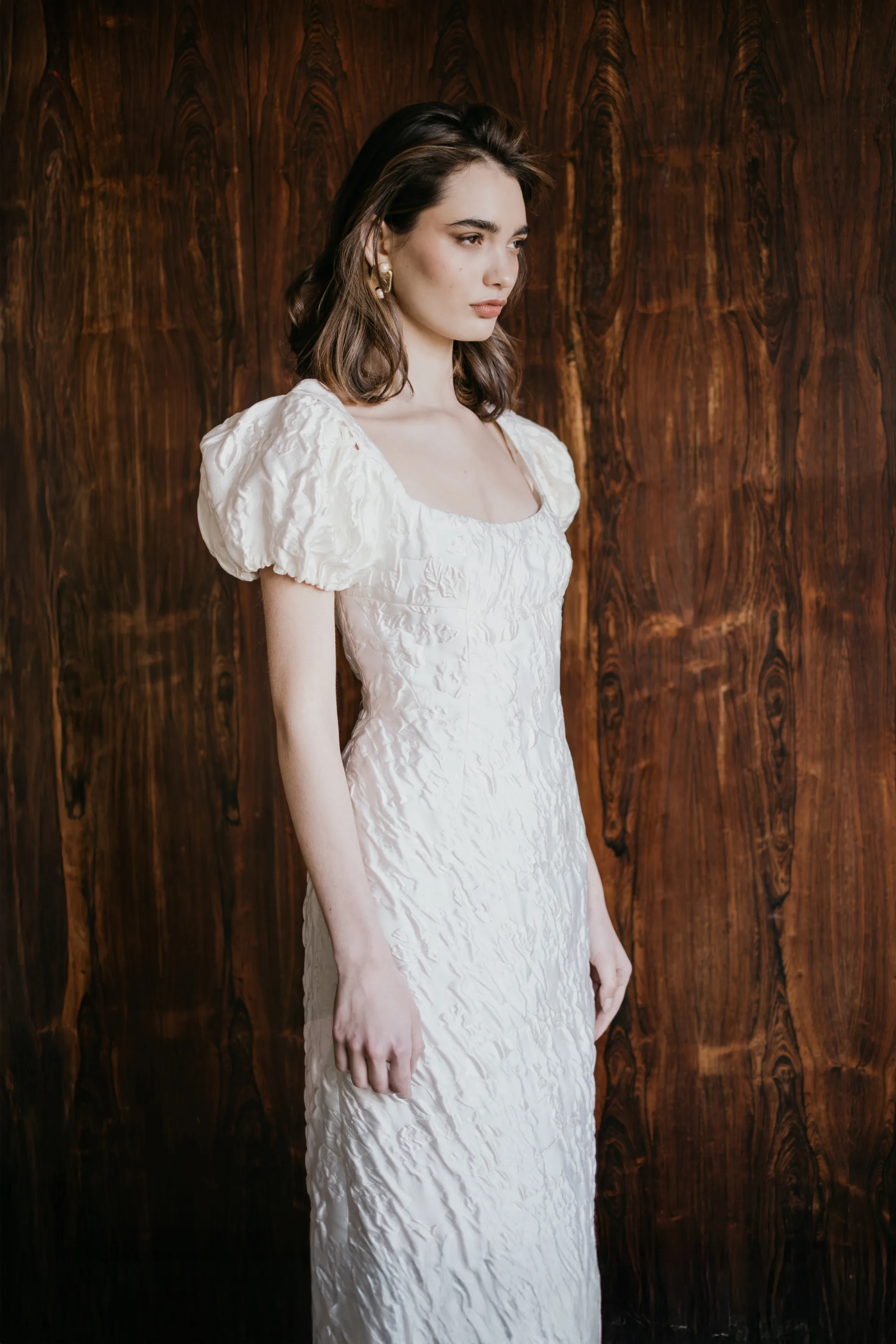 UNBRIDLED STUDIO COLLECTION IV LOOK 7 3 - UNBRIDLED STUDIO: The Label Redefining Modern Bridal Fashion And A Designer You Need To Know Adeline and Hallie textured bridal gown and puff sleeved top by UNBRIDLED STUDIO.
