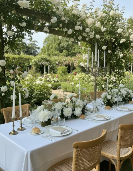 Garden wedding reception table surrounded by lush greenery and white florals with taper candles, design by Zahra Studio Events