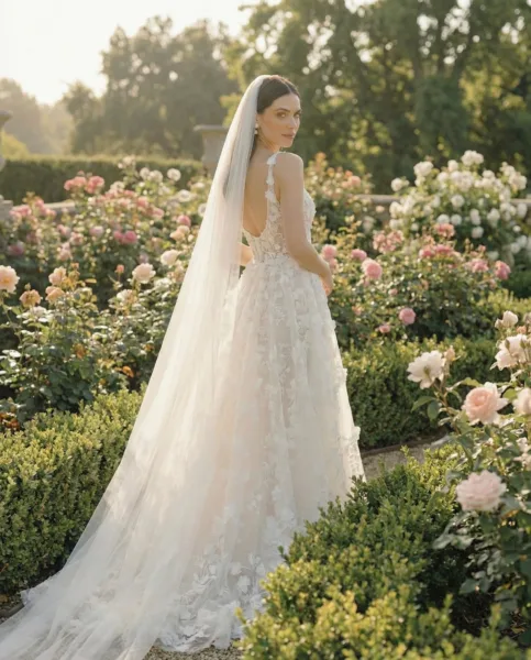 Bride in a white gown and veil standing in a blooming rose garden at sunset