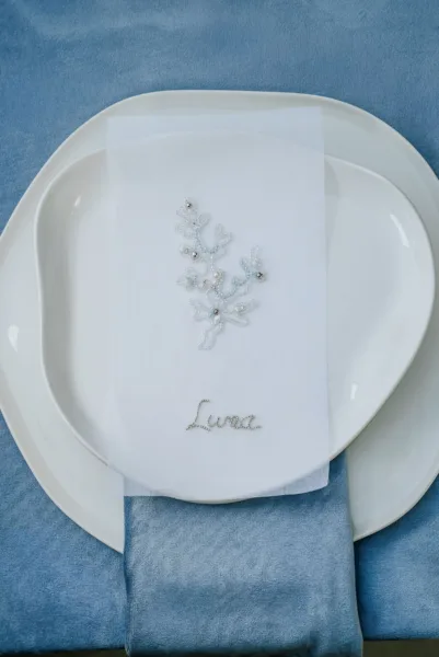 Coastal wedding place setting with a botanical-motif plate and a dusty-blue napkin, styling by Zahra Studio Events