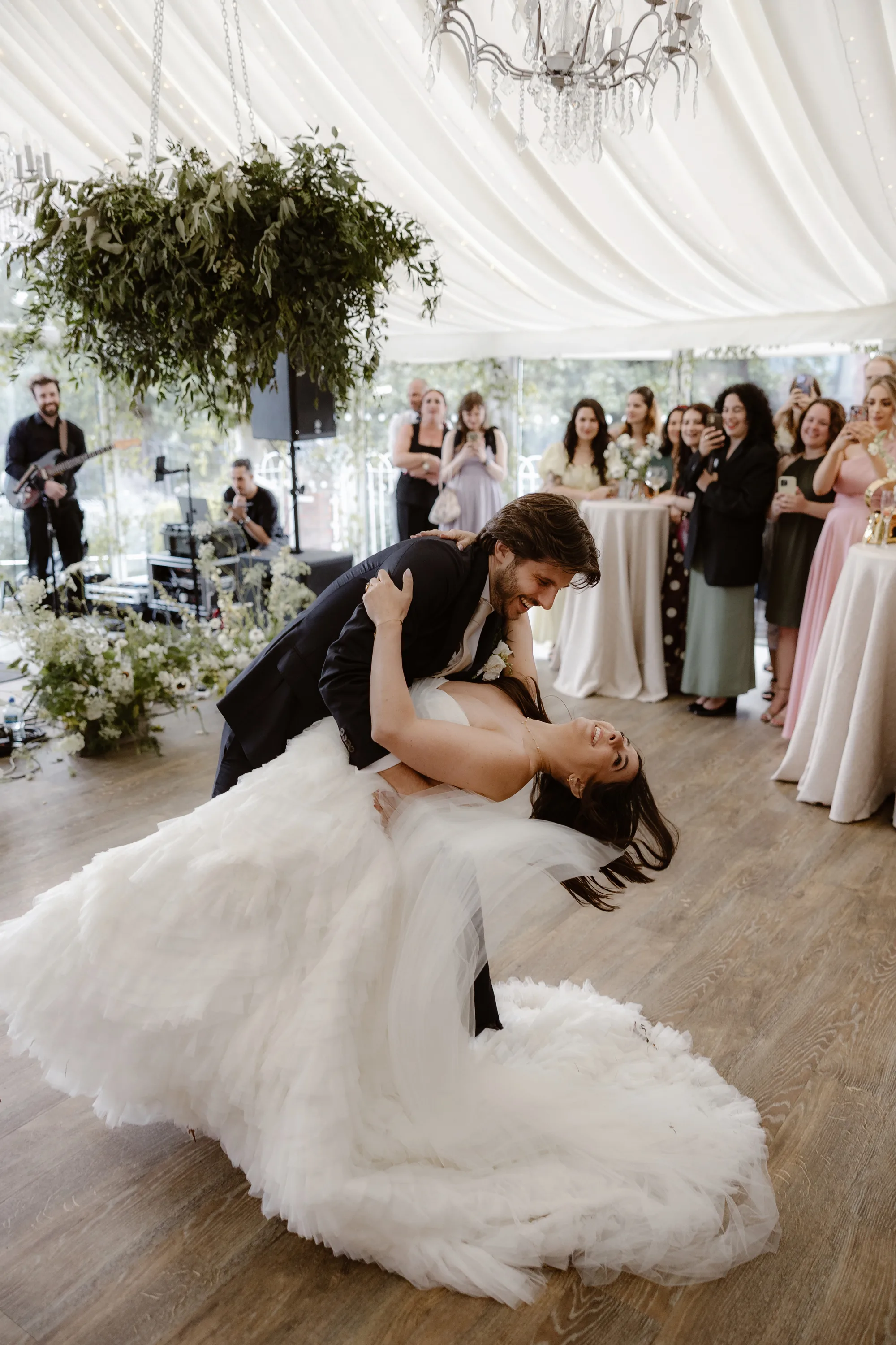 Capesthorne Hall Summer Wedding Jessica Sharpe Wedding Planner Jono Symonds Love My Dress.140 - Sophie & Dimitri's Beautiful, Relaxed & Elegant Wedding Weekend at Capesthorne Hall in Cheshire The dip! Bride and groom dip on the dancefloor as they are watched by guests