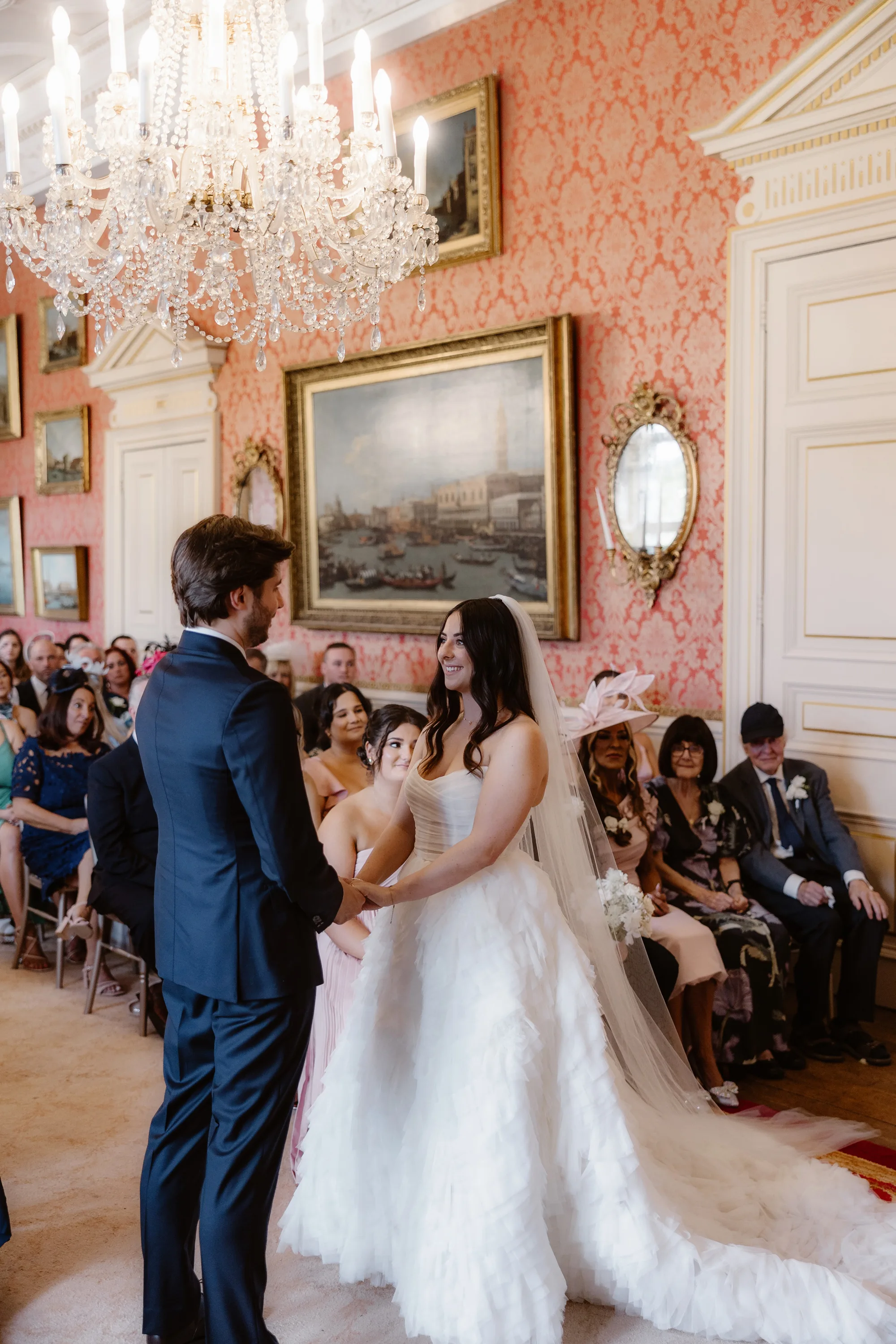 Capesthorne Hall Summer Wedding Jessica Sharpe Wedding Planner Jono Symonds Love My Dress.32 - Sophie & Dimitri's Beautiful, Relaxed & Elegant Wedding Weekend at Capesthorne Hall in Cheshire A wedding ceremony at Capesthorne Hall in Cheshire. The bride and groom are standing holding each other's hands and staring into one another's faces.