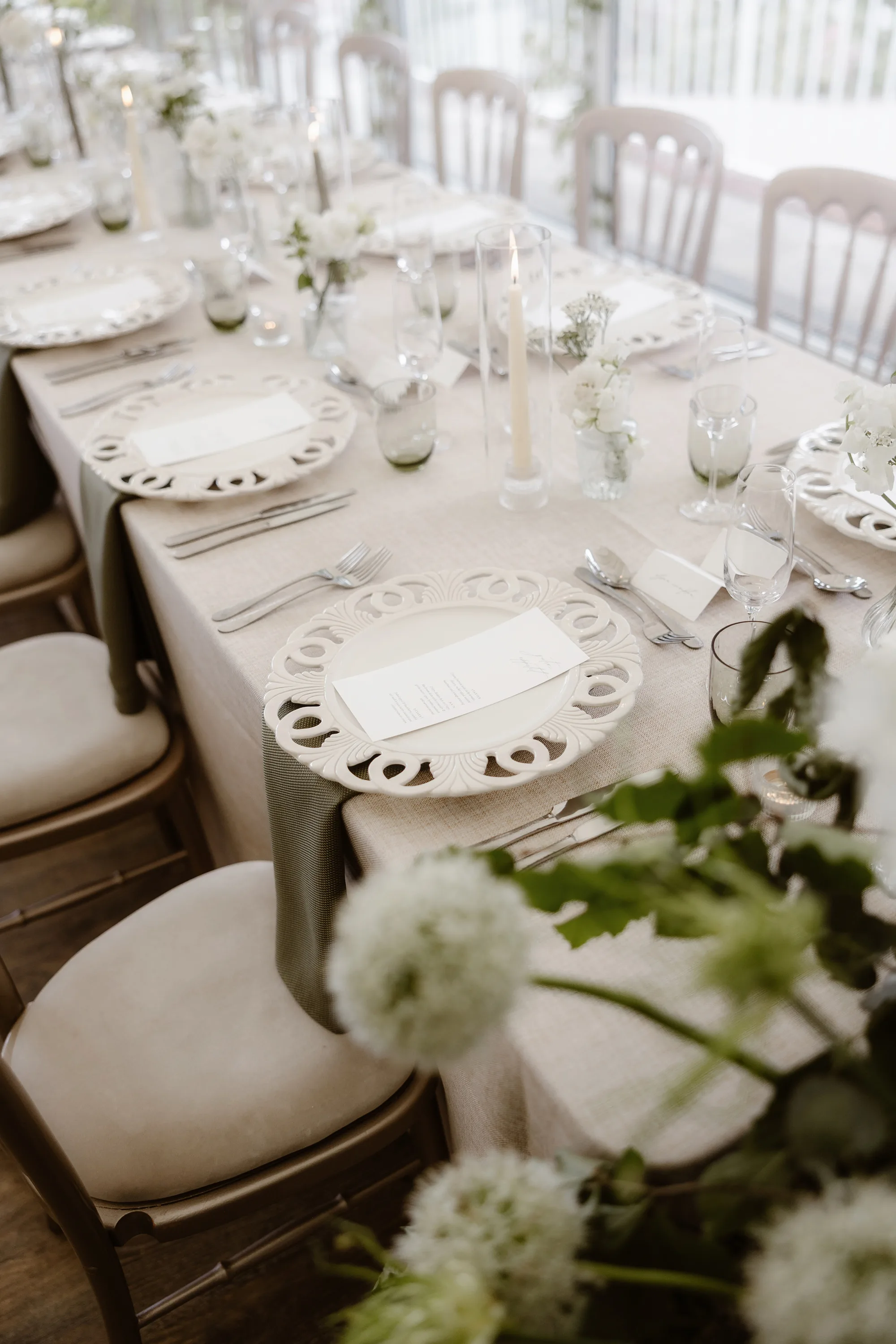 Capesthorne Hall Summer Wedding Jessica Sharpe Wedding Planner Jono Symonds Love My Dress.58 - Sophie & Dimitri's Beautiful, Relaxed & Elegant Wedding Weekend at Capesthorne Hall in Cheshire Charge plates resting on natural table linen with green napkins