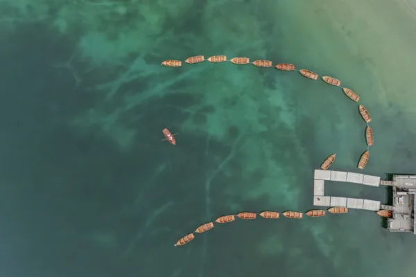 Bride and groom top down drone view of Lake Braies