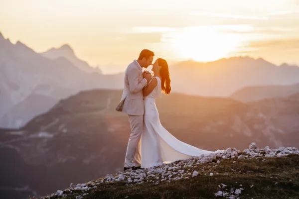 Sunset with Bride and groom making funny faces