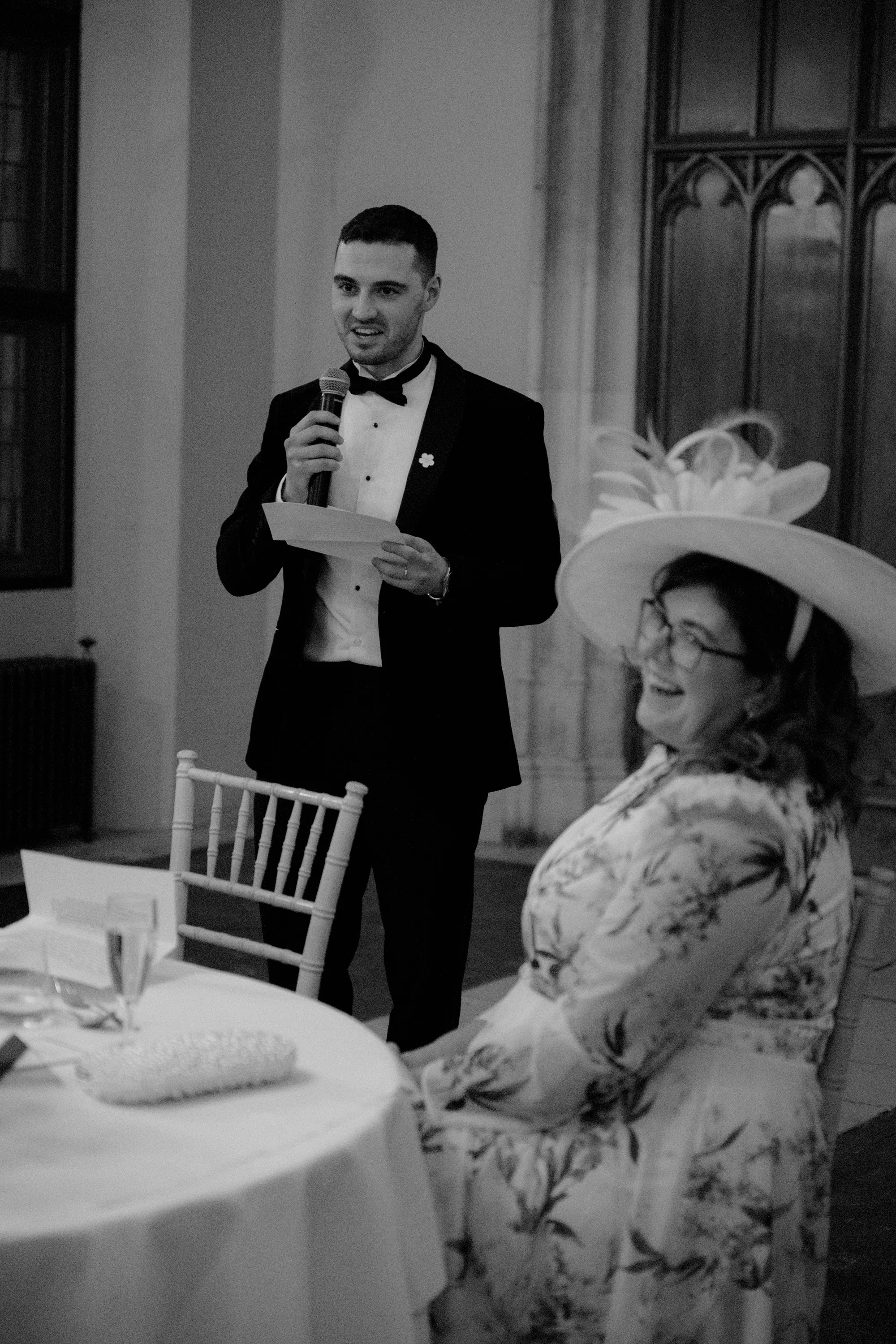 Groom giving his wedding speech during the reception at Ashridge House in Hertfordshire.