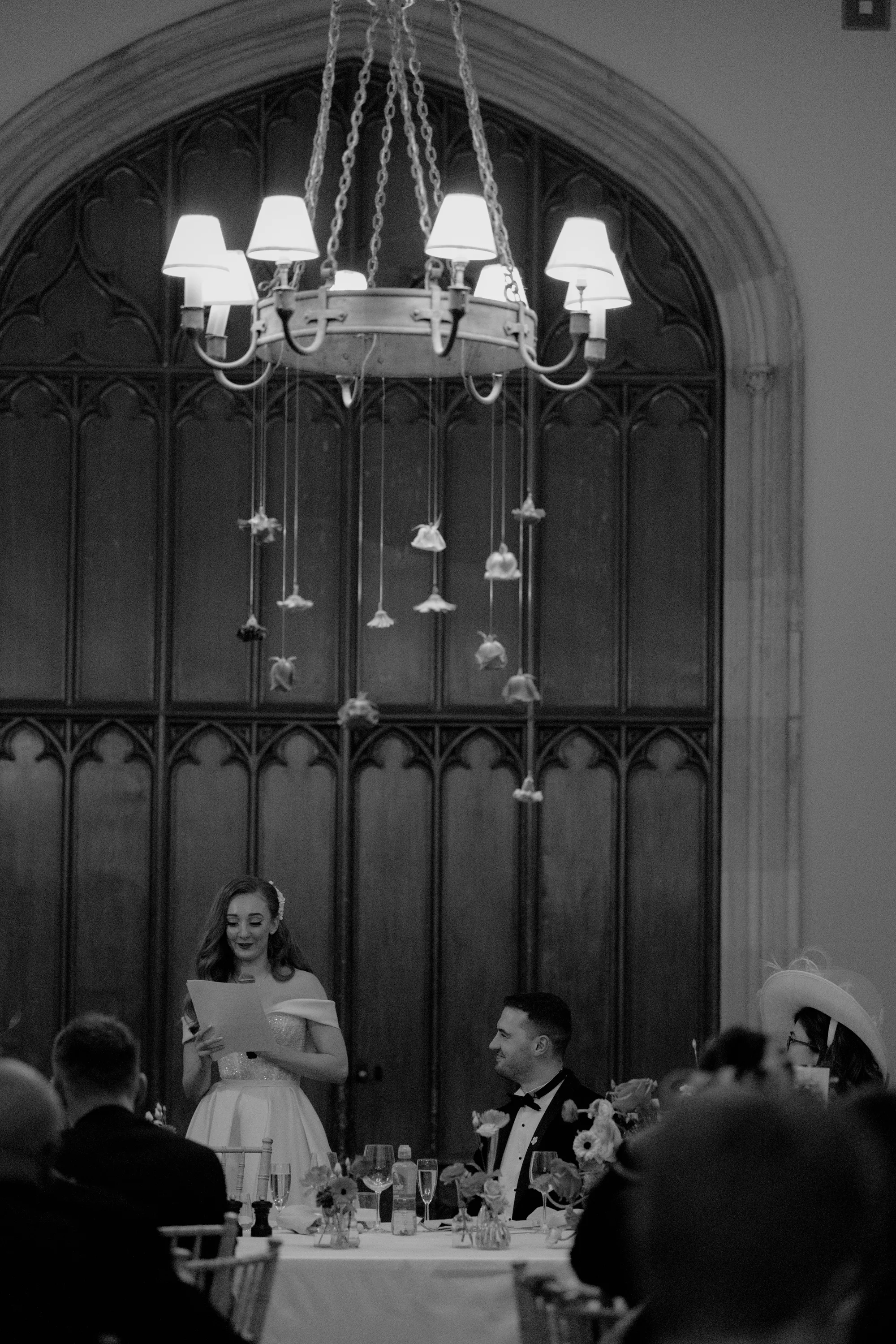 Bride giving her wedding speech during the reception at Ashridge House in Hertfordshire.