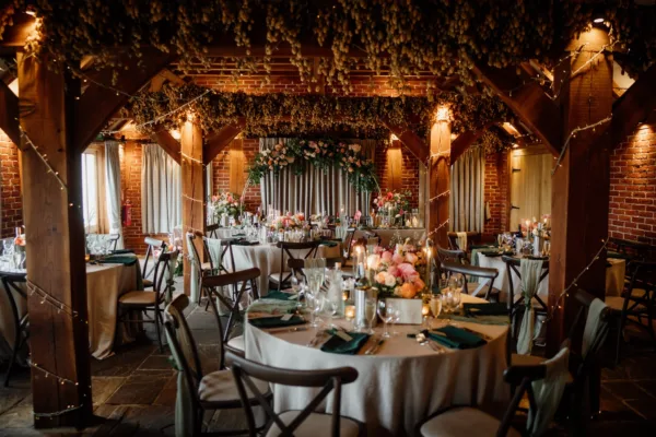 Rustic barn with Kent hops, dressed for a wedding breakfast