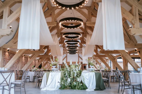 Large barn in Kent, dressed for a wedding breakfast with ceiling draping