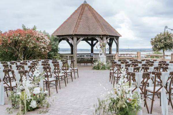 The Harty Estate's Oak Gazebo dressed for an outdoor wedding ceremony