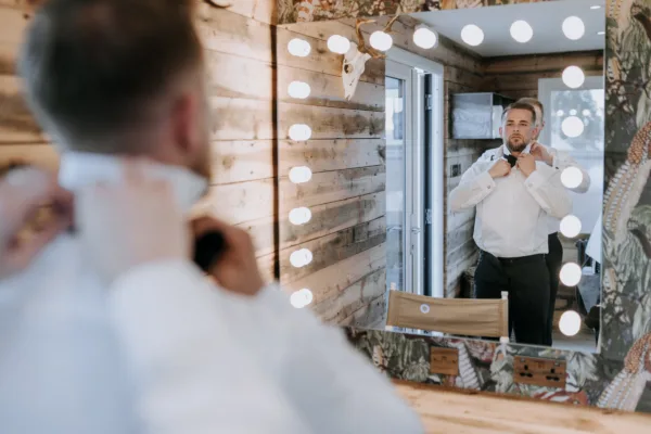 Groom gets ready for his wedding at The Harty Estate in Kent