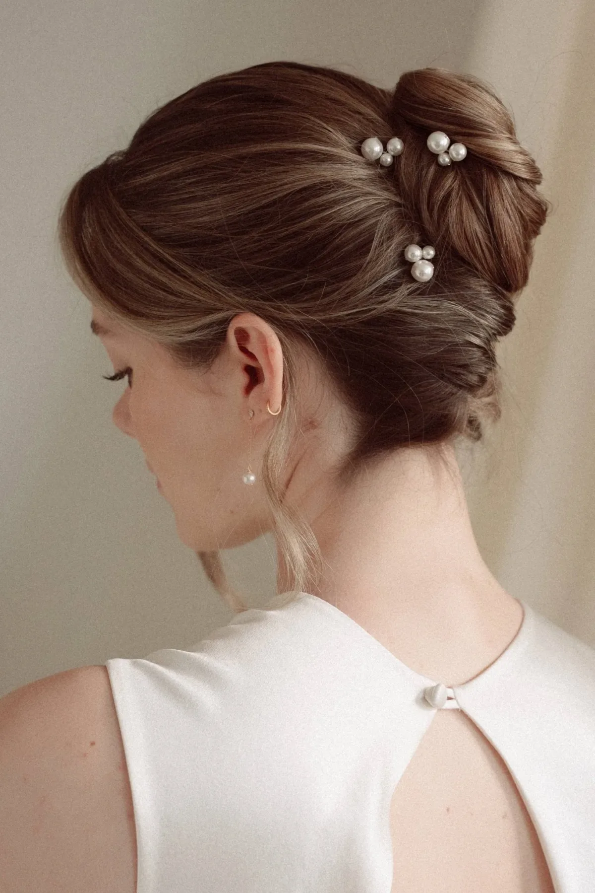 Ina small CZ crystal and round vegan pearl drop stud earrings gold and Perla cluster pearl hair pins trio set 6 - Angharad Wore Sophie et Voila for her Modern, Minimalist Destination Wedding in Puglia, Italy Perla, Luxury Pearl Cluster Hair Pins Trio