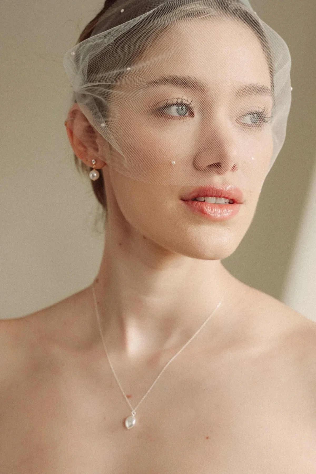 Rose Tulle Mask Style Micro Veil with Pearls 