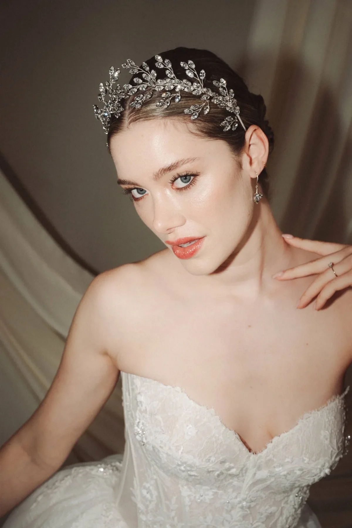 Sydney Silver Crystal crown Indira crystal leafy hair pins 2 - Libby and Charlie’s Intimate, Minimalist & 1960s Inspired December Wedding Sydney, Silver Crystal Crown
