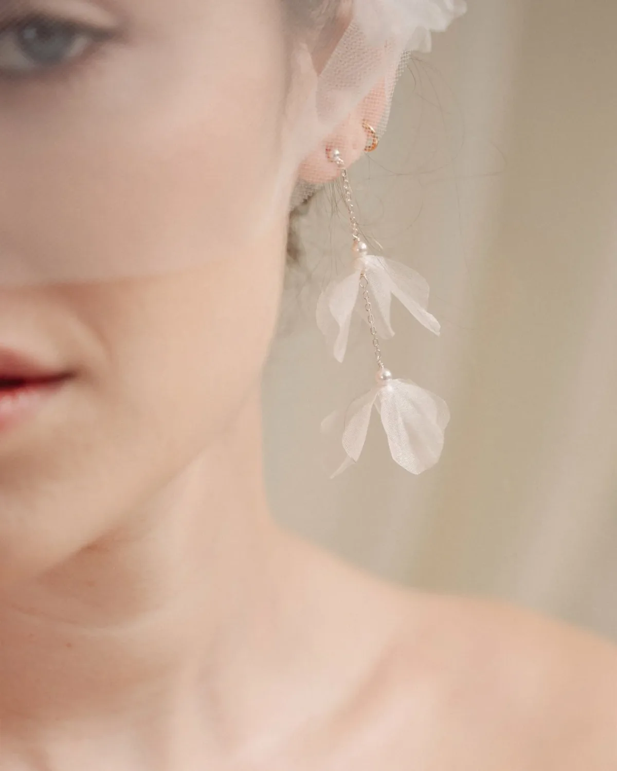 Violet, Floral Silk & Pearl Drop Earrings Silver 